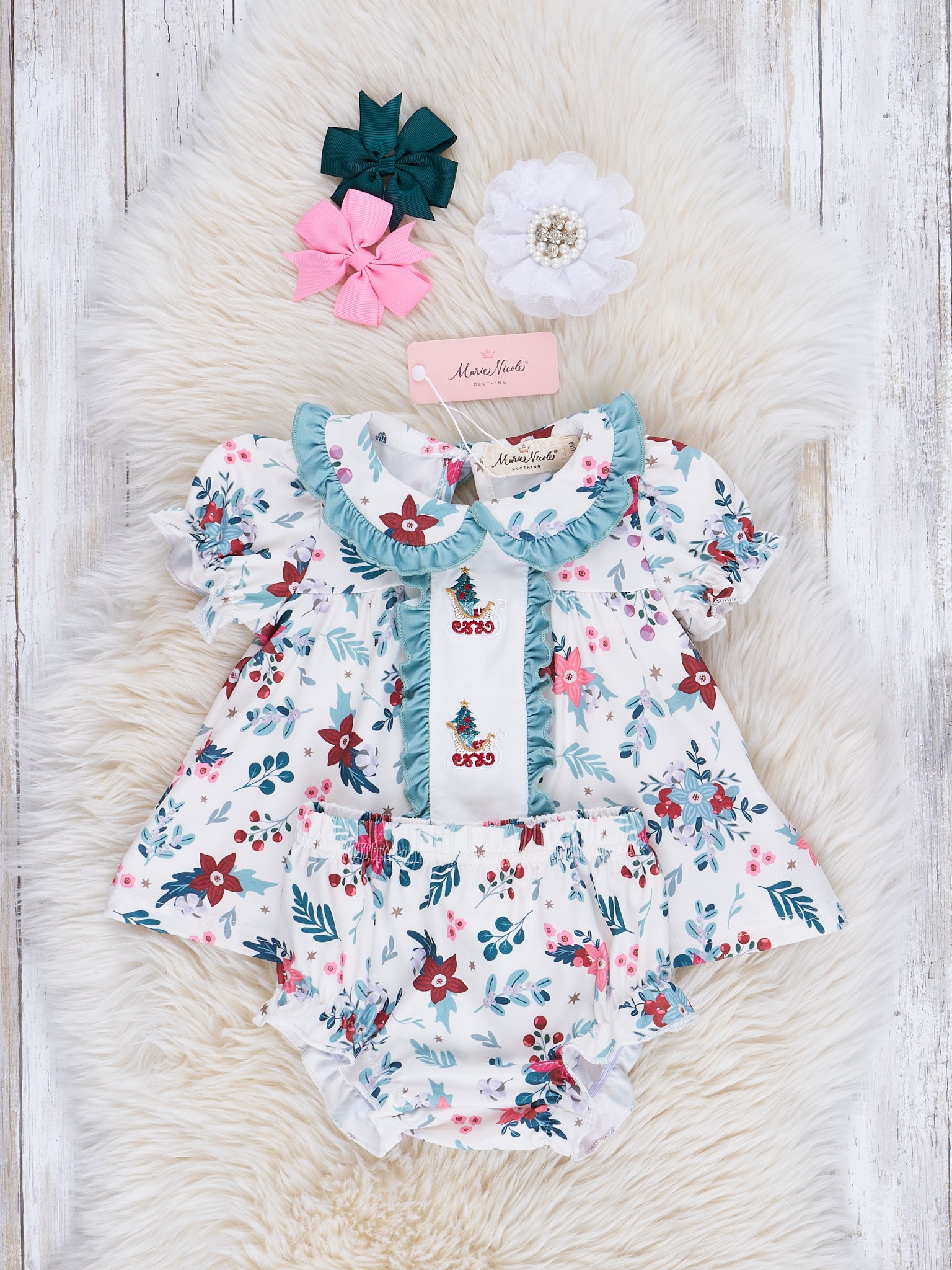 Mint Embroidered Poinsettias Ruffle Bloomer Outfit - Marie Nicole Clothing