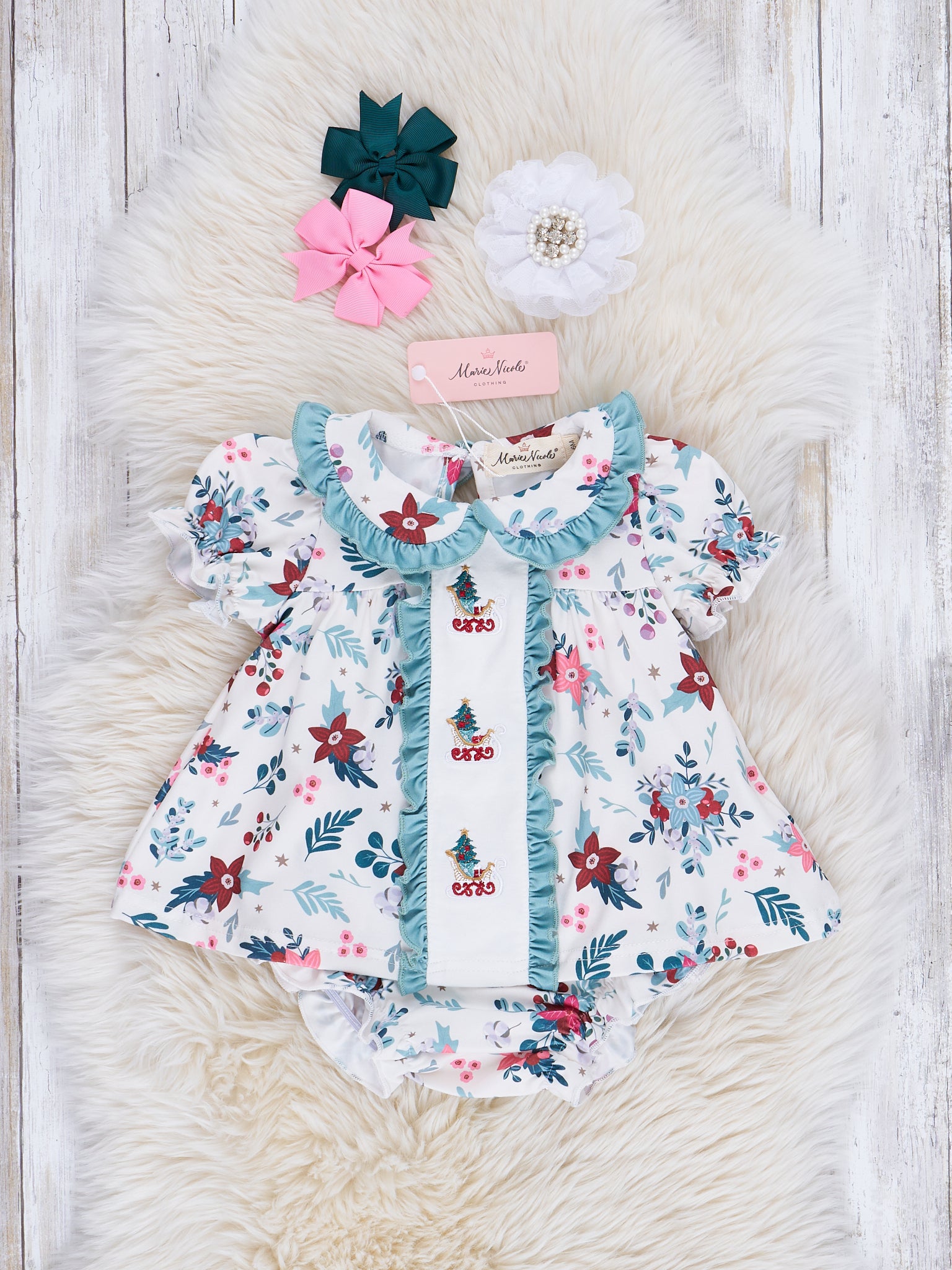 Mint Embroidered Poinsettias Ruffle Bloomer Outfit - Marie Nicole Clothing