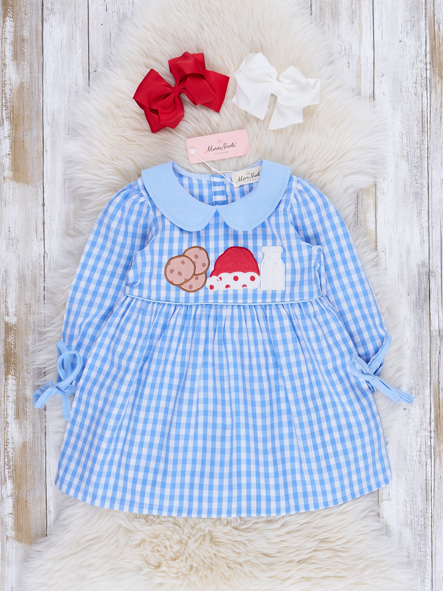 Blue Milk & Cookies Embroidered Gingham Dress - Marie Nicole Clothing