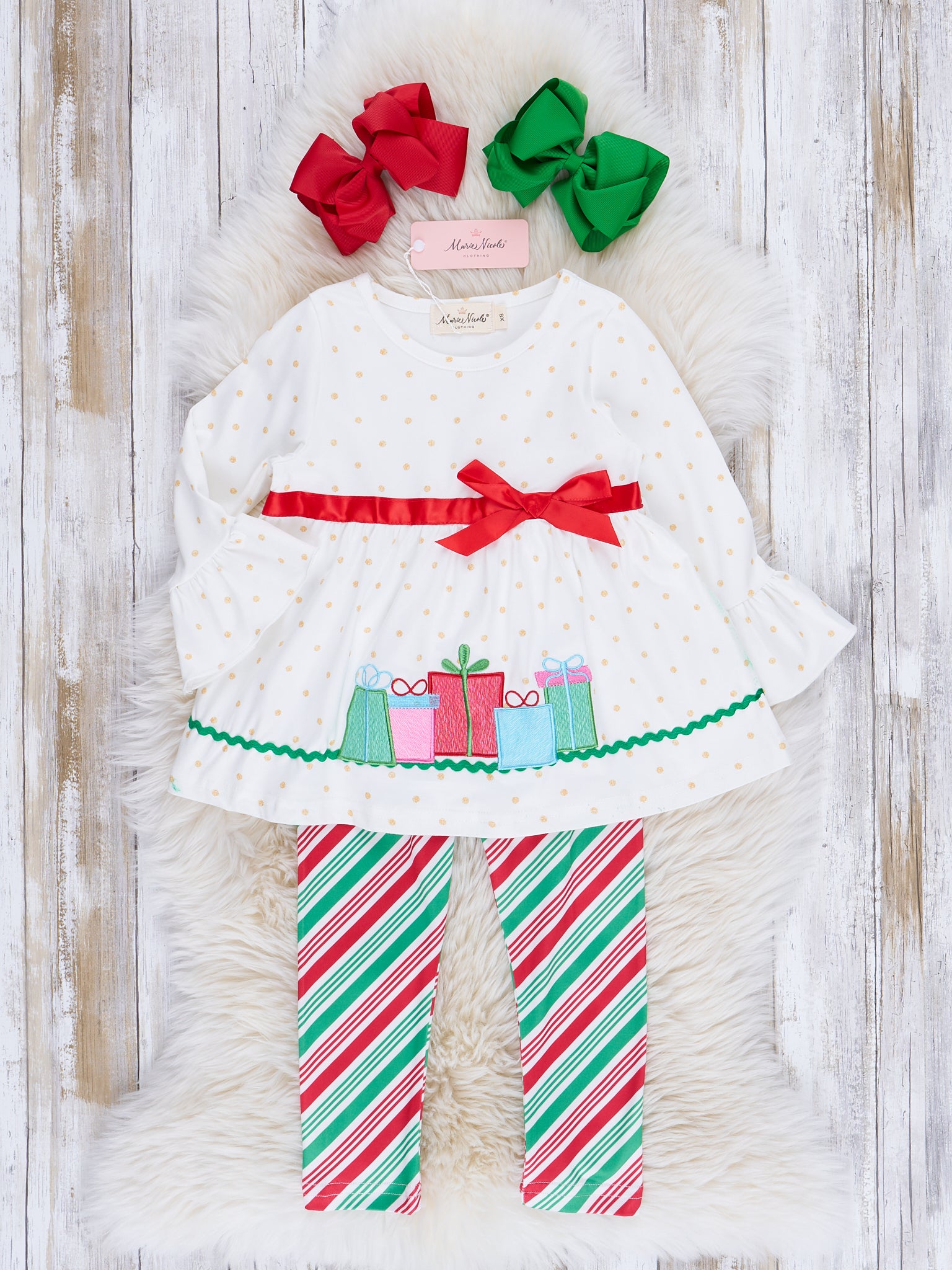 Gold Dots & Candy Stripe Embroidered Holiday Outfit - Marie Nicole Clothing