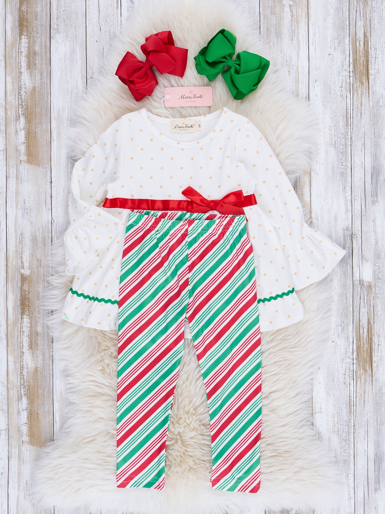 Gold Dots & Candy Stripe Embroidered Holiday Outfit - Marie Nicole Clothing