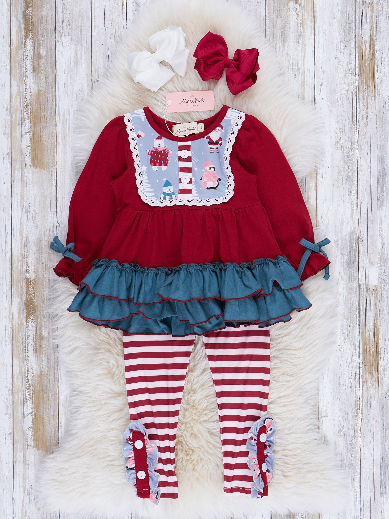Red & Chambray North Pole Ruffle Outfit - Marie Nicole Clothing