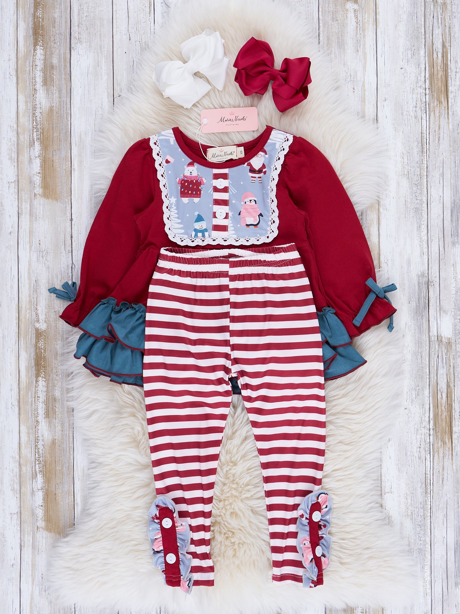 Red & Chambray North Pole Ruffle Outfit - Marie Nicole Clothing
