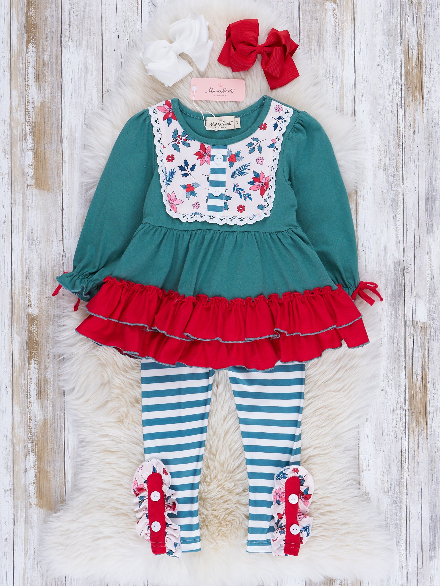 Vintage Green Floral & Stripes Ruffle Outfit - Marie Nicole Clothing