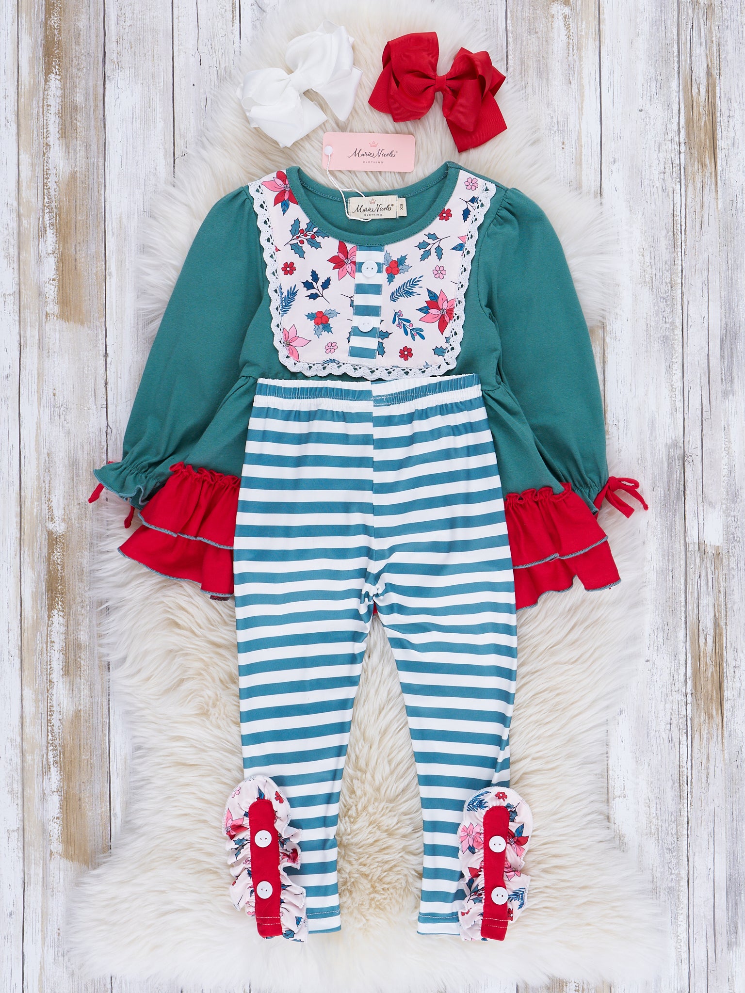 Vintage Green Floral & Stripes Ruffle Outfit - Marie Nicole Clothing