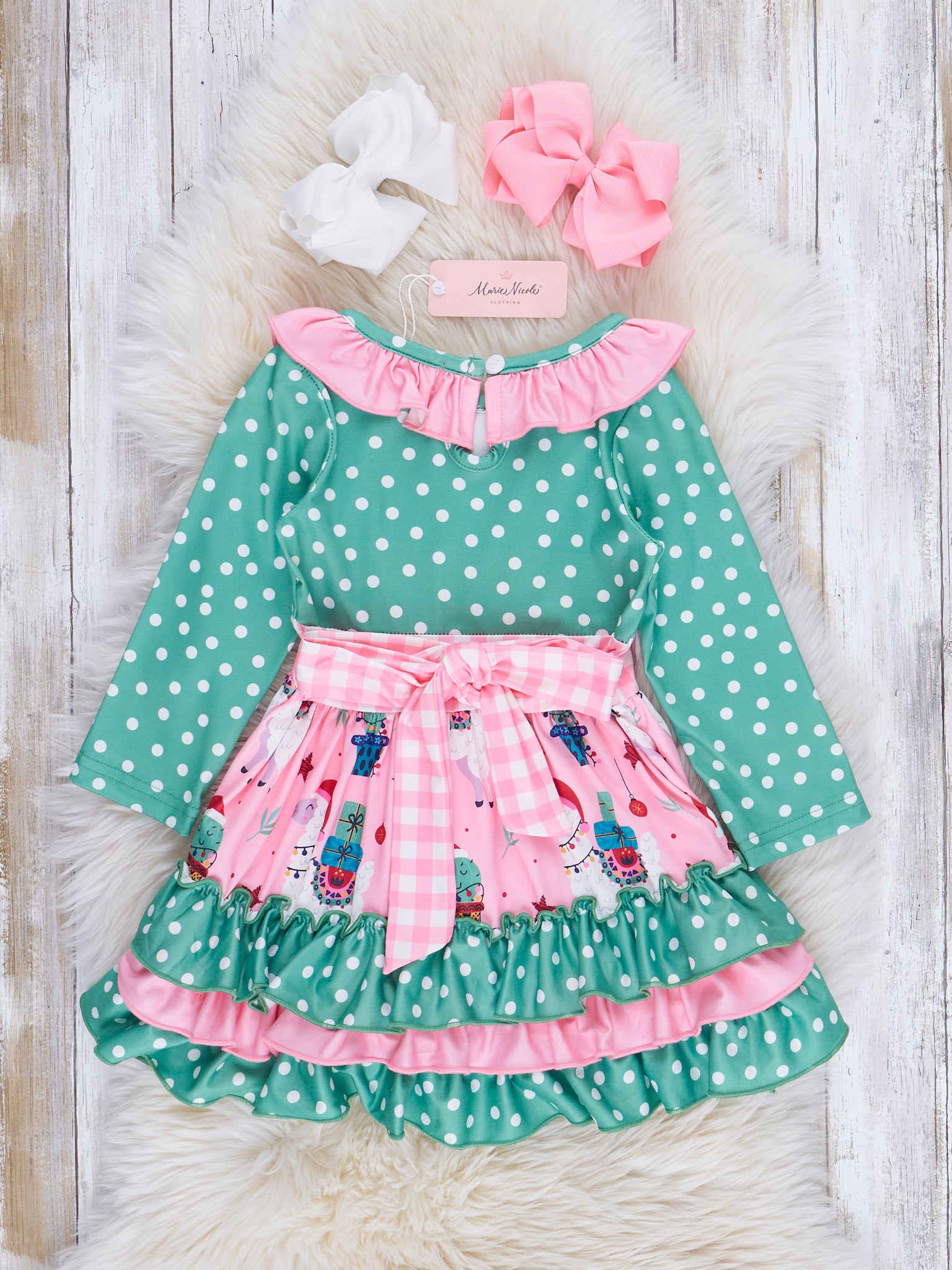 Pink Gingham & Green Dots Holiday Ruffle Dress - Marie Nicole Clothing