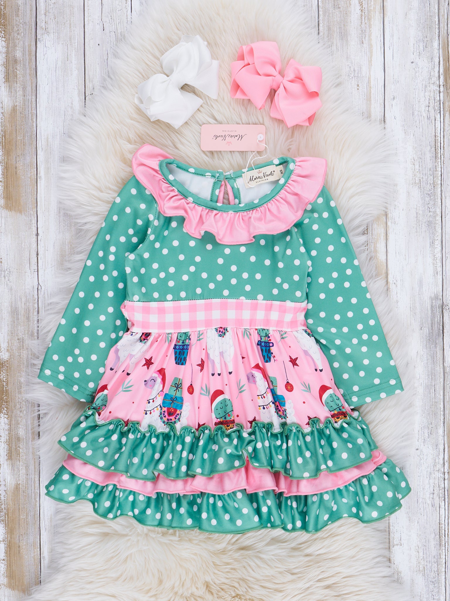 Pink Gingham & Green Dots Holiday Ruffle Dress - Marie Nicole Clothing