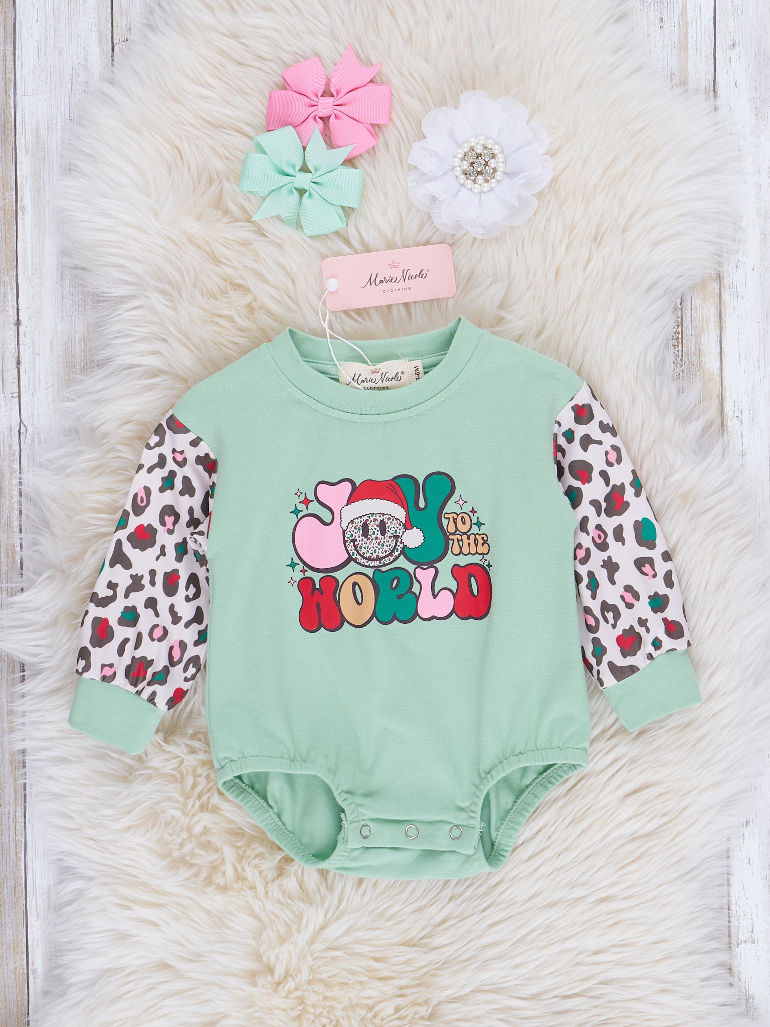 Mint "Joy" Leopard Print Raglan Romper - Marie Nicole Clothing