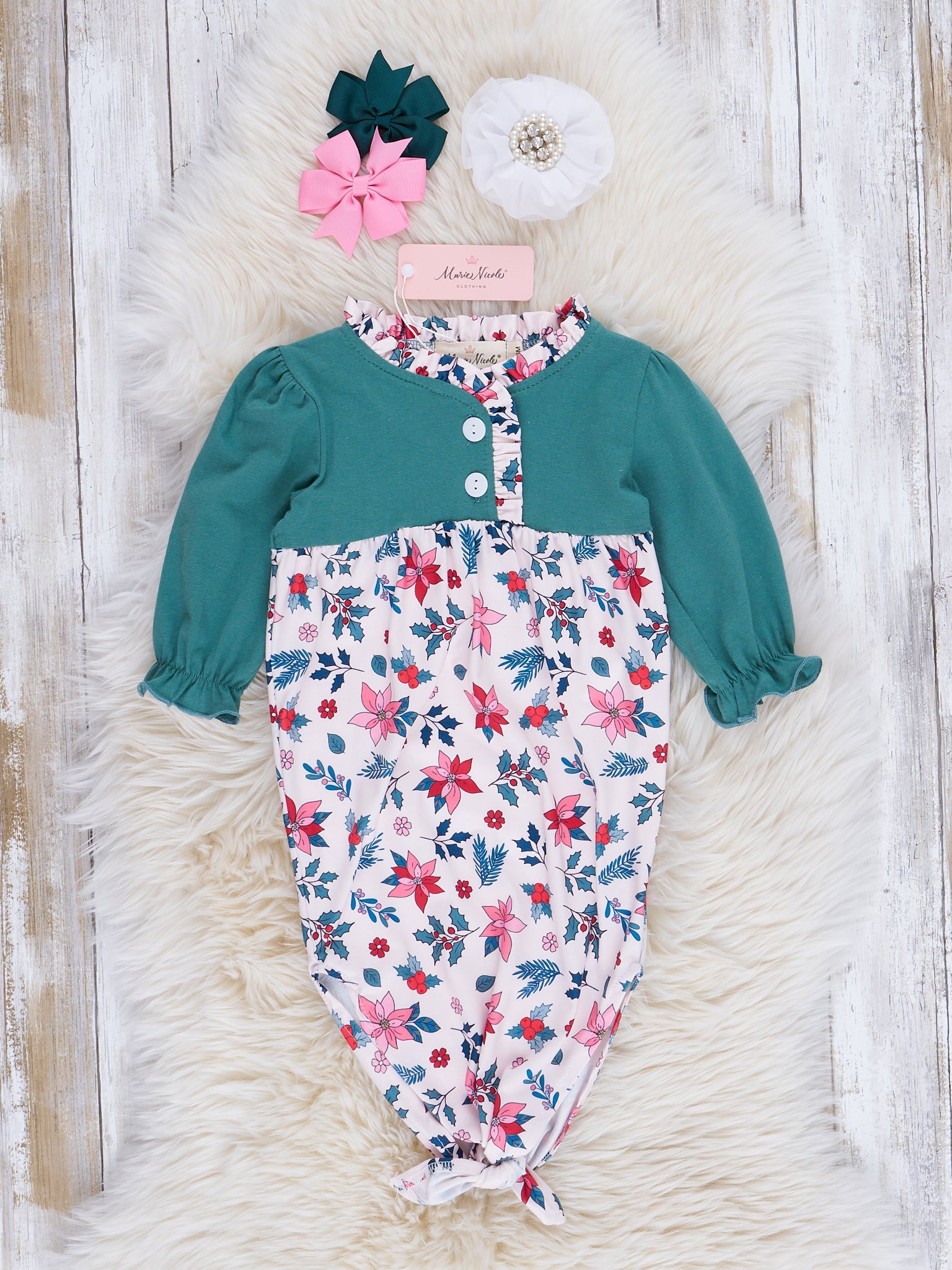 Vintage Green Floral & Stripes Knot Gown - Marie Nicole Clothing