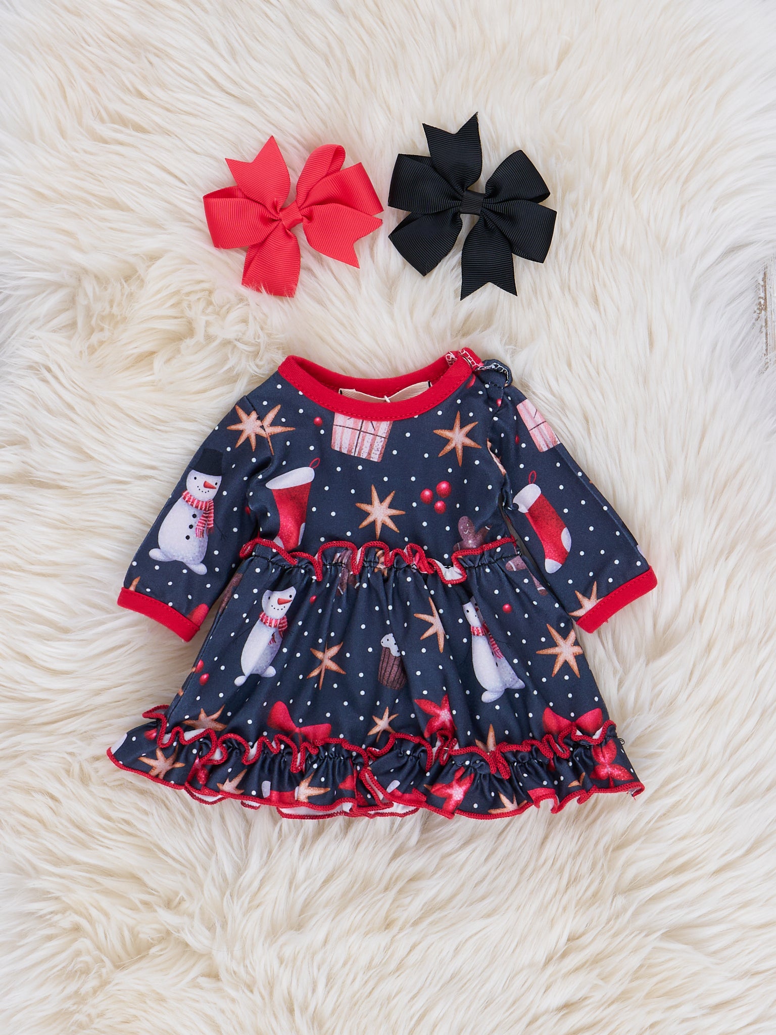 Red Trim Christmas Dreams Baby Doll Dress - Marie Nicole Clothing