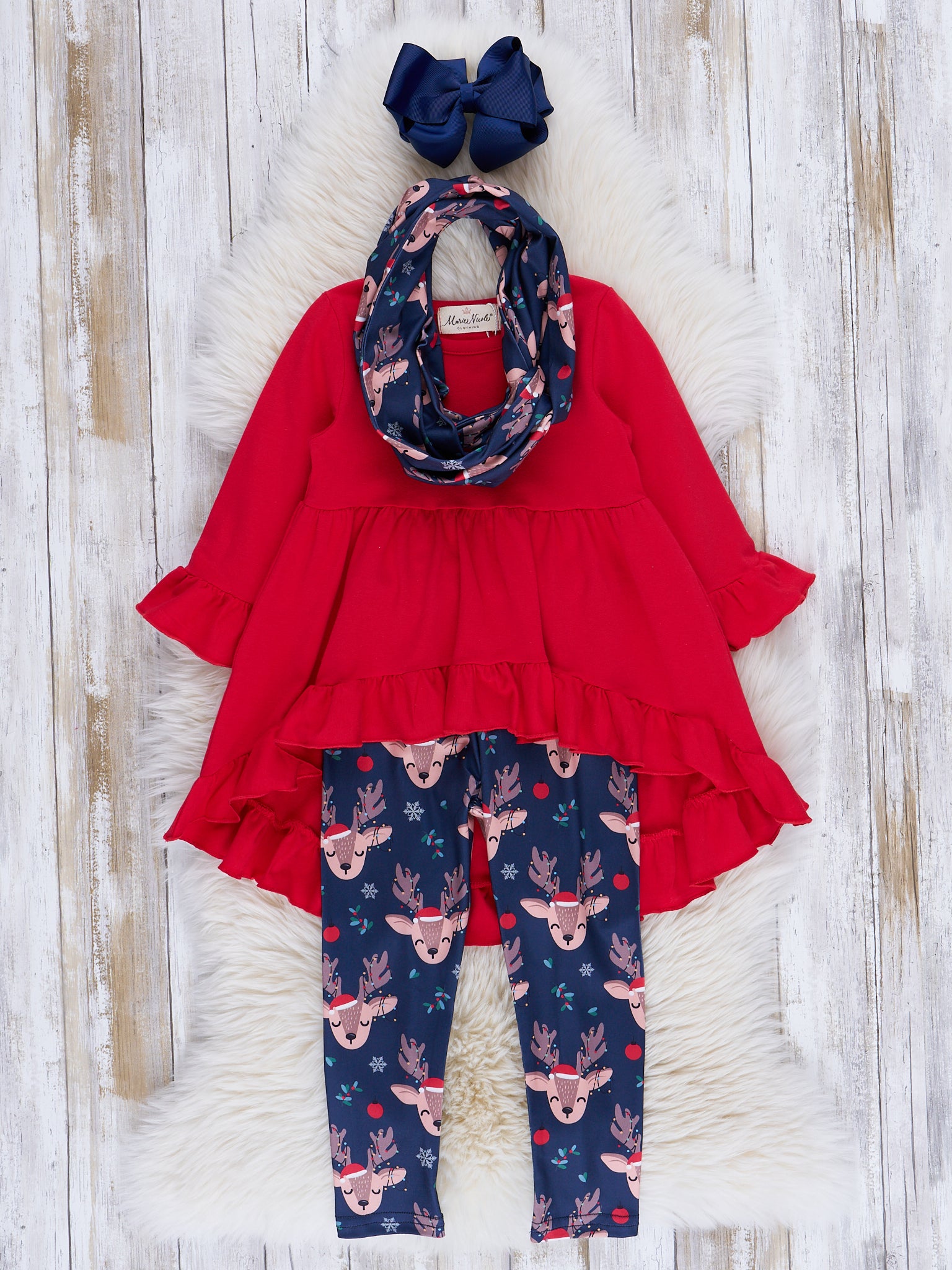 Red & Blue Reindeer Ruffle Outfit w/ Scarf - Marie Nicole Clothing