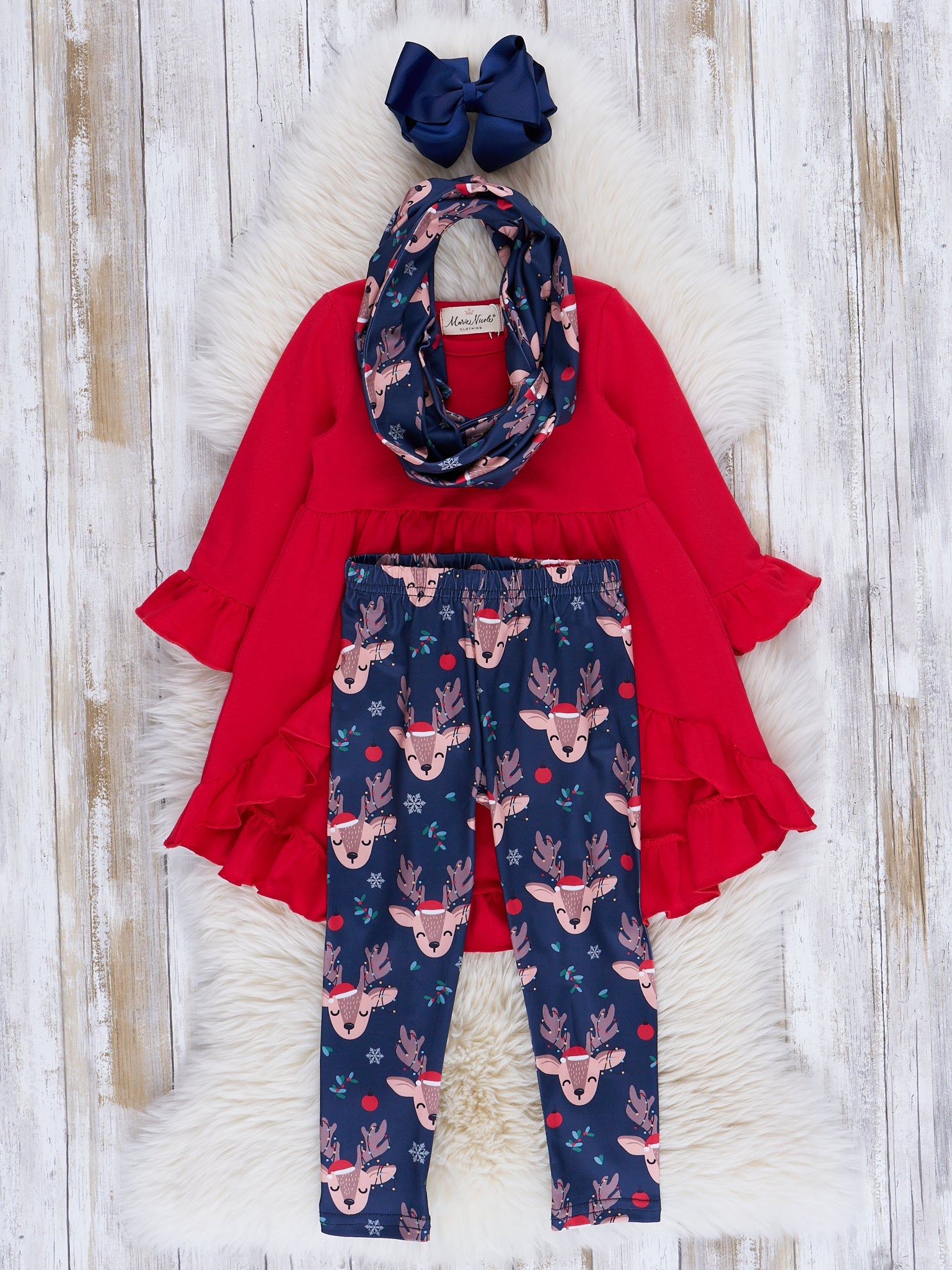Red & Blue Reindeer Ruffle Outfit w/ Scarf - Marie Nicole Clothing