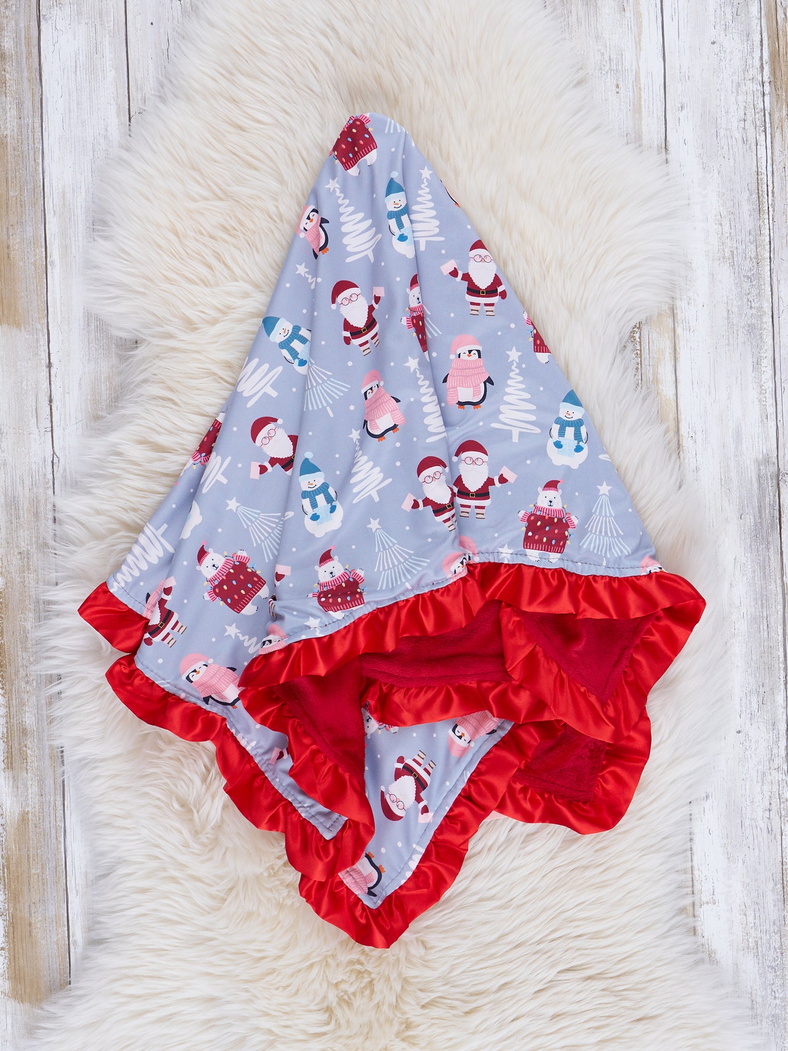 Red & Chambray North Pole Ruffle Minky Blanket - Marie Nicole Clothing