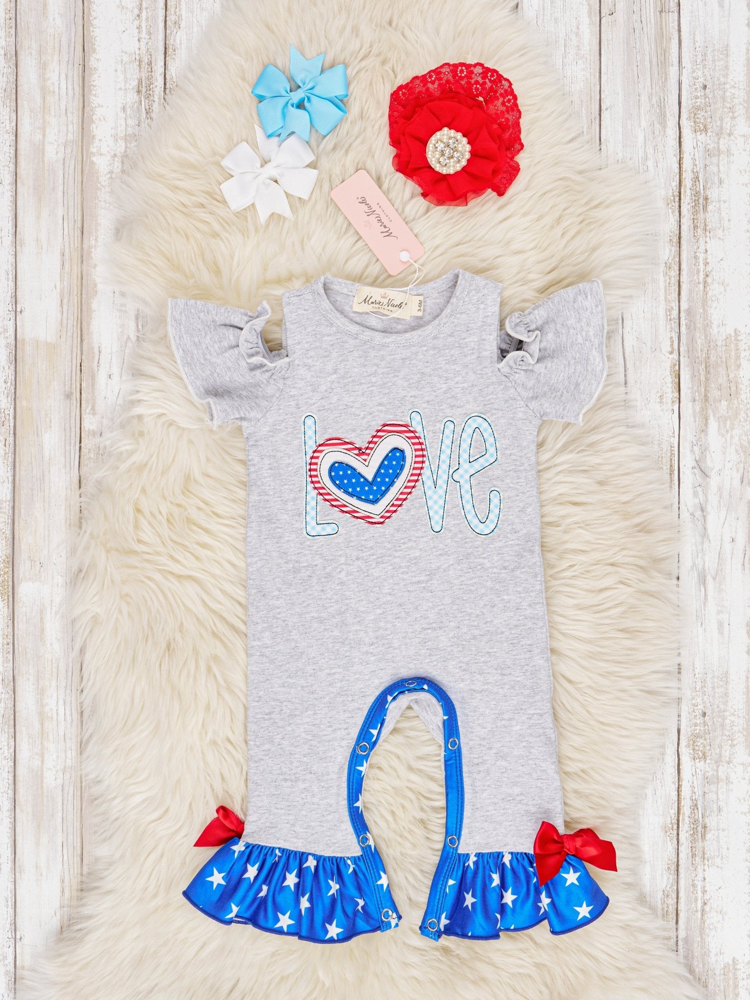 Patriotic "LOVE" Ruffle Romper - Marie Nicole Clothing