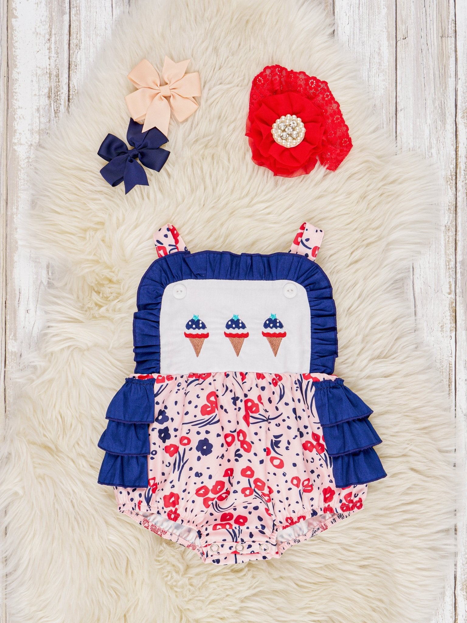 Patriotic Ice Cream Ruffle Bubble Romper - Marie Nicole Clothing