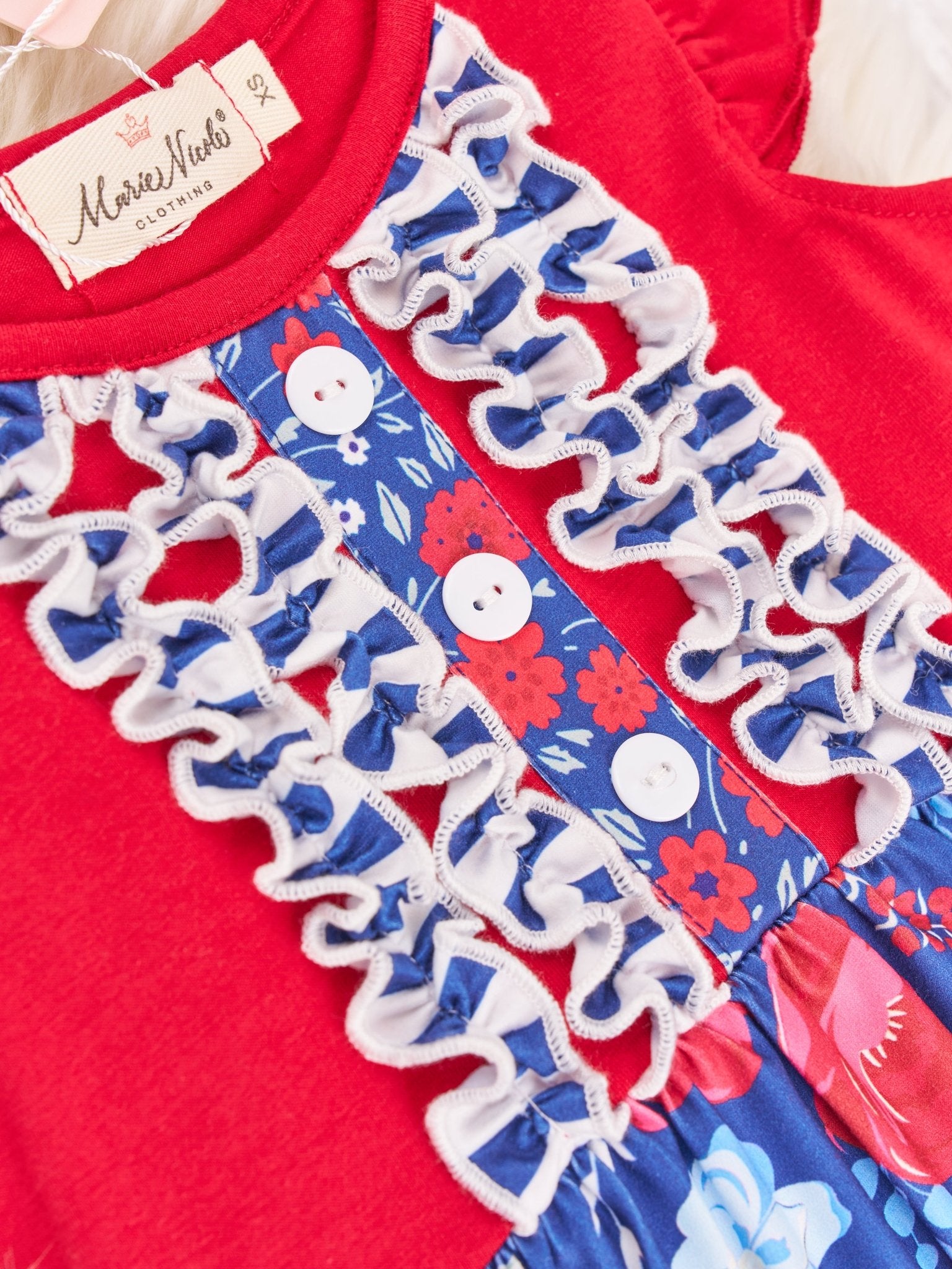 Red White & Blue Rose Ruffle Dress - Marie Nicole Clothing