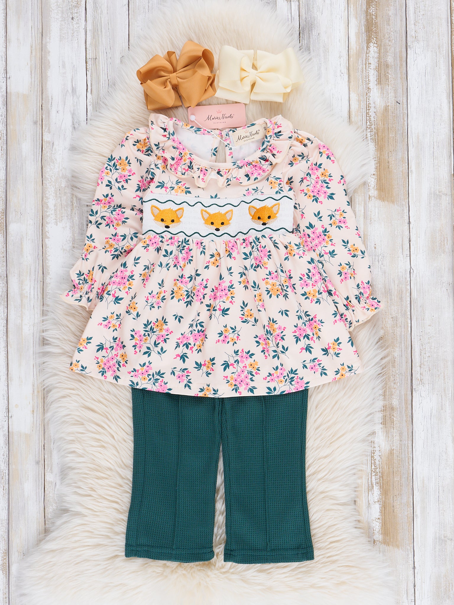 Hunter Green Floral Smocked Little Fox Outfit - Marie Nicole Clothing