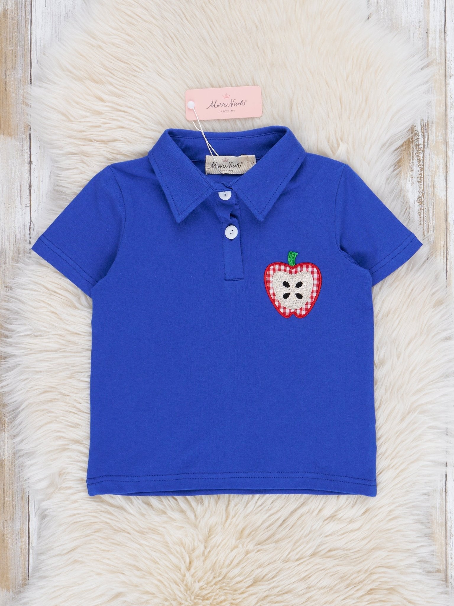 Royal Blue Embroidered Apples Polo Shirt - Marie Nicole Clothing