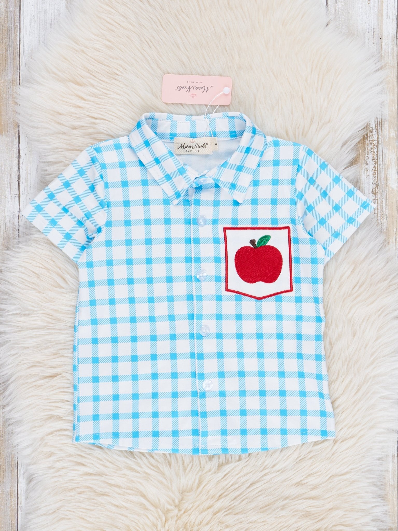 Blue Plaid Embroidered Apple Button Up Shirt - Marie Nicole Clothing