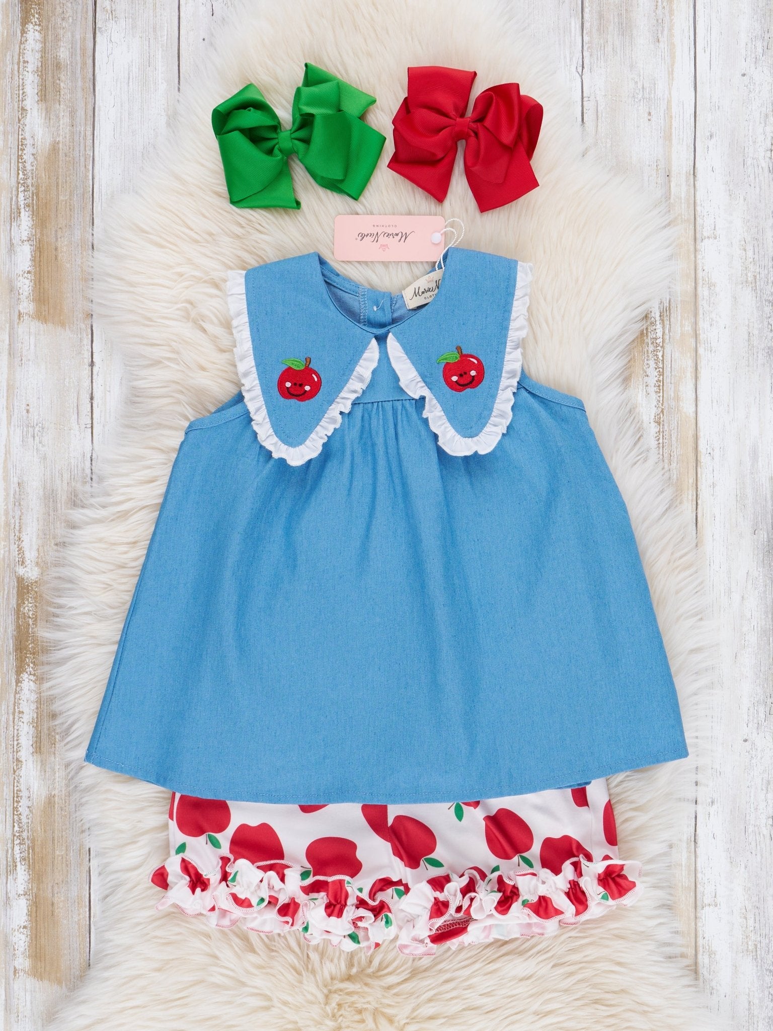 Embroidered Apples Chambray Ruffle Outfit - Marie Nicole Clothing