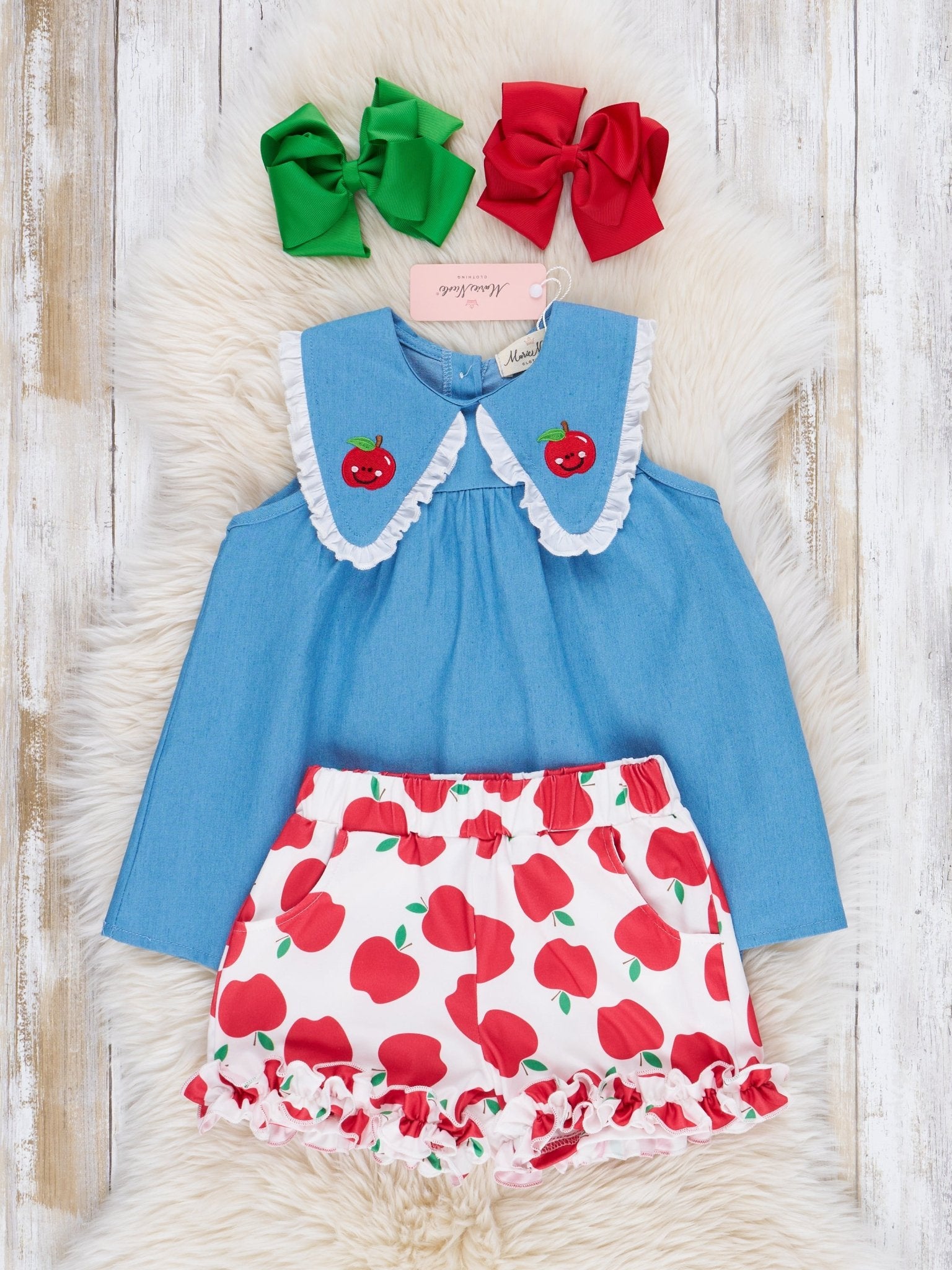 Embroidered Apples Chambray Ruffle Outfit - Marie Nicole Clothing