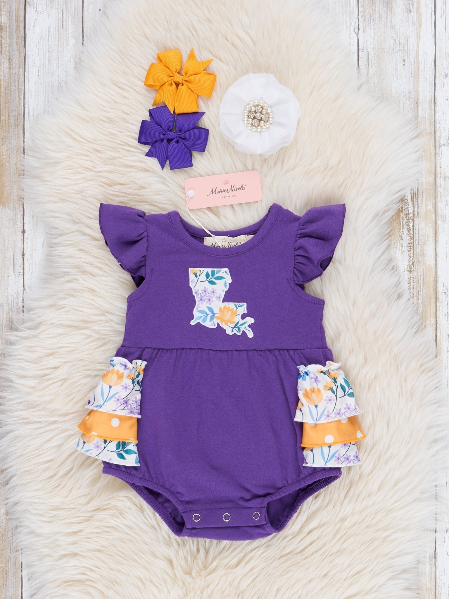 LA Purple Floral Ruffle Bubble Romper - Marie Nicole Clothing
