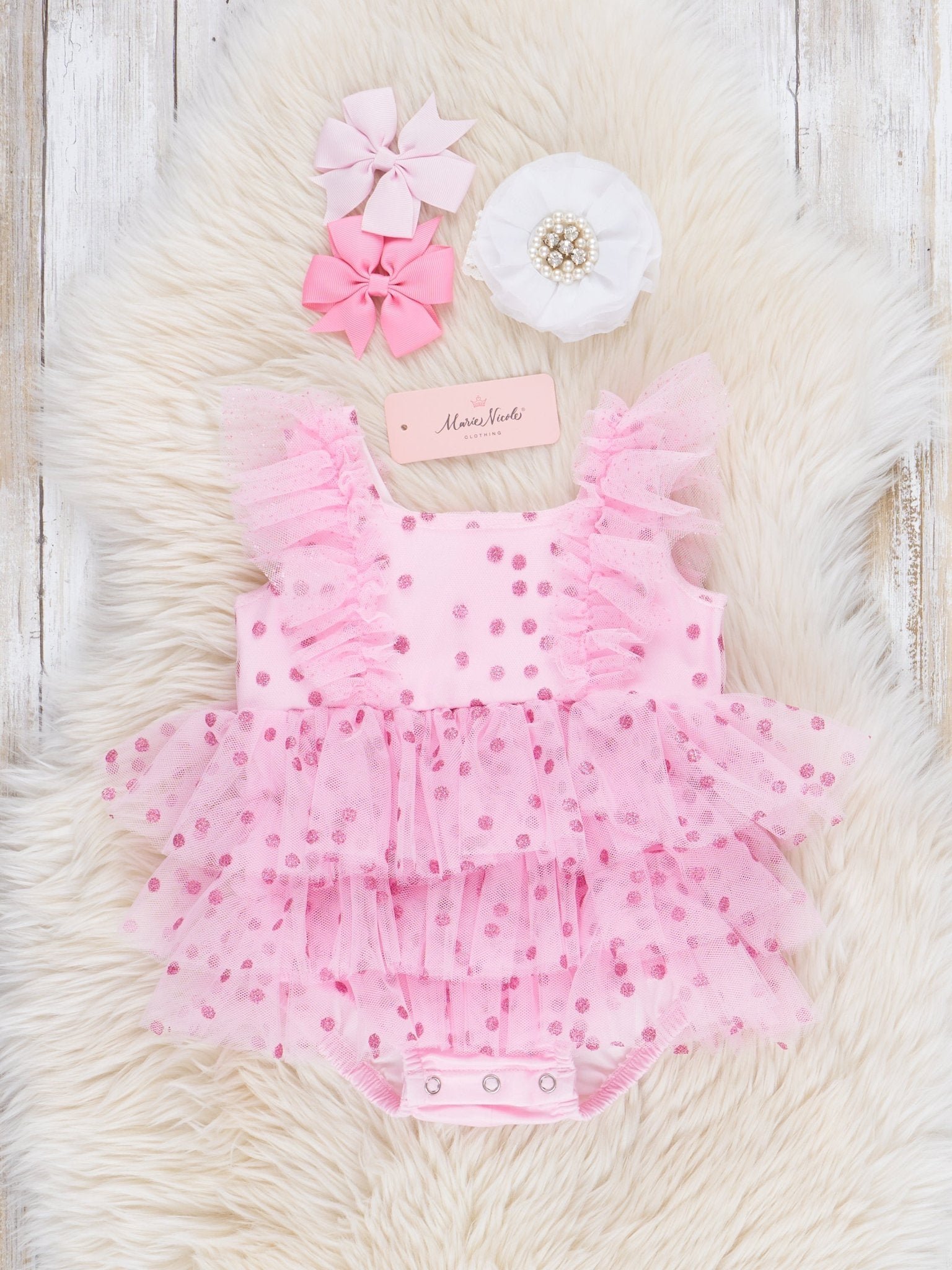 Pink Sparkle Dots Cupcake Tulle Bubble Romper - Marie Nicole Clothing