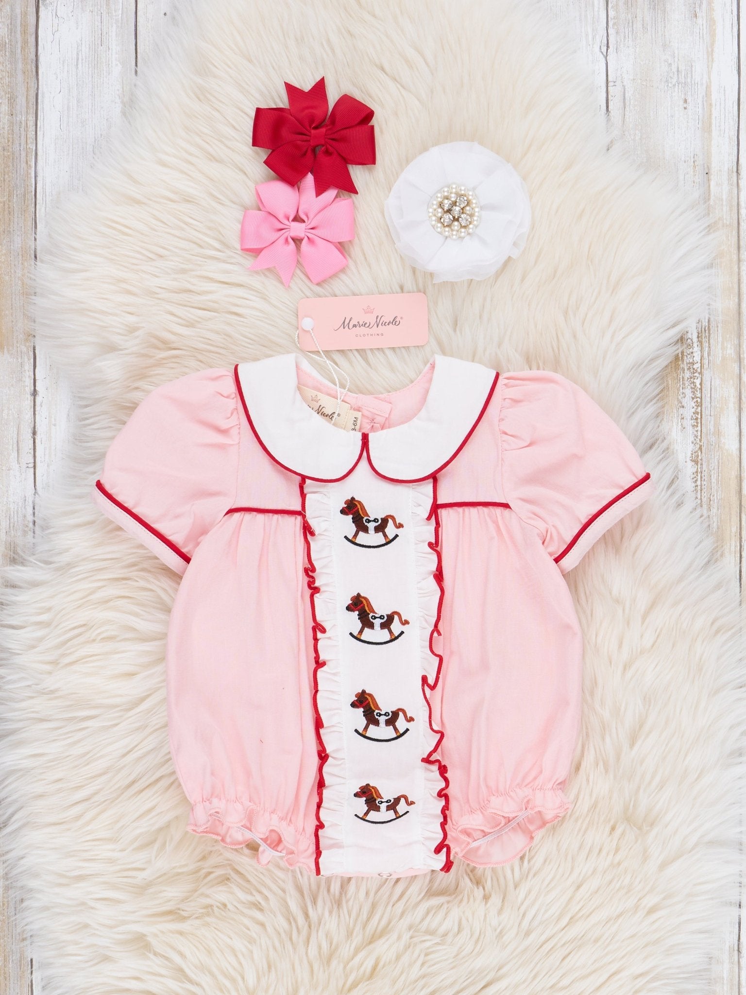 Pink Embroidered Rocking Horse Bubble Romper - Marie Nicole Clothing