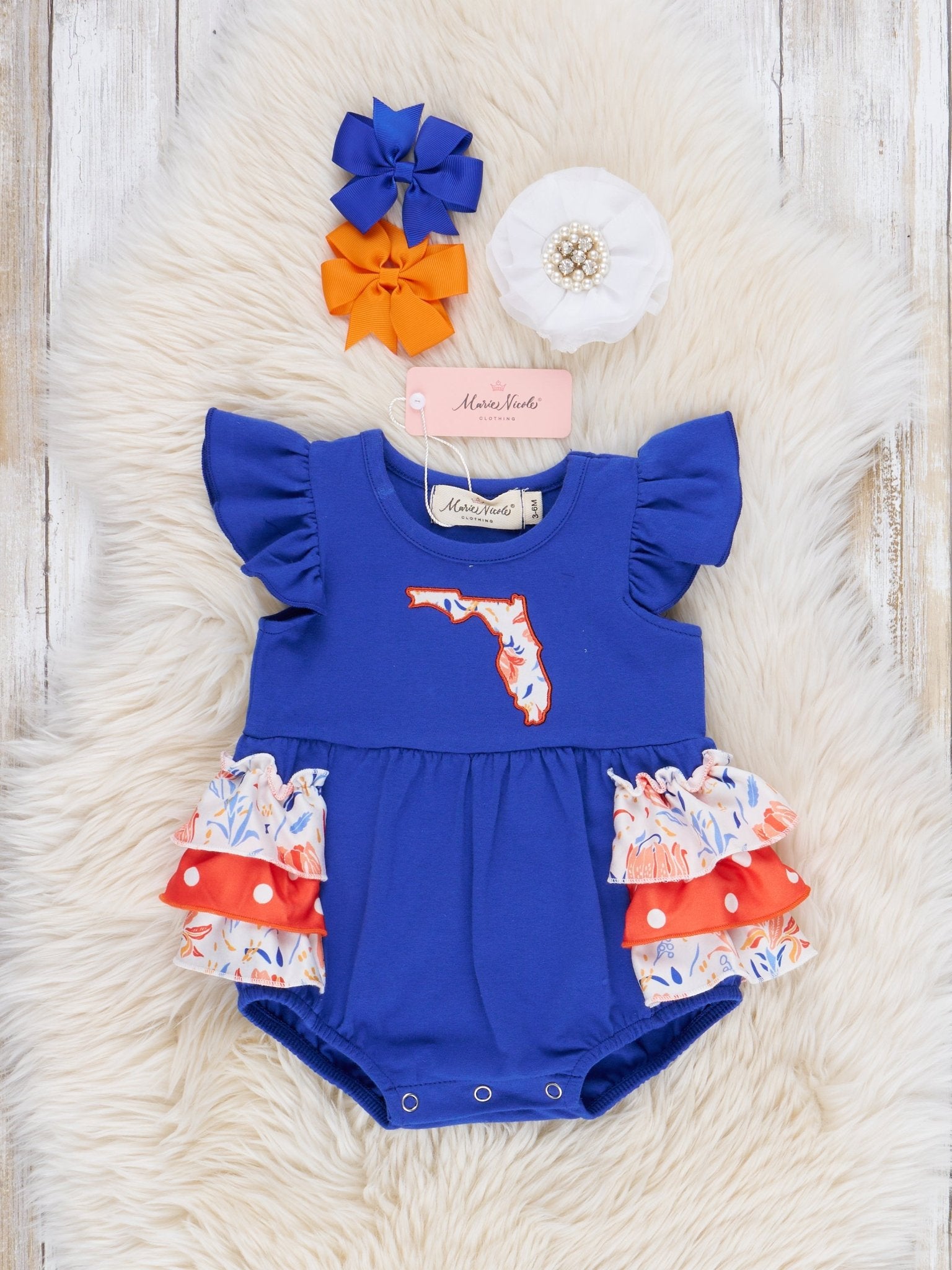 FL Blue Floral Ruffle Bubble Romper - Marie Nicole Clothing