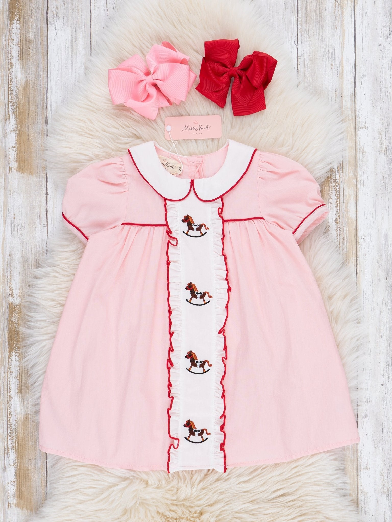 Pink Embroidered Rocking Horse Dress - Marie Nicole Clothing