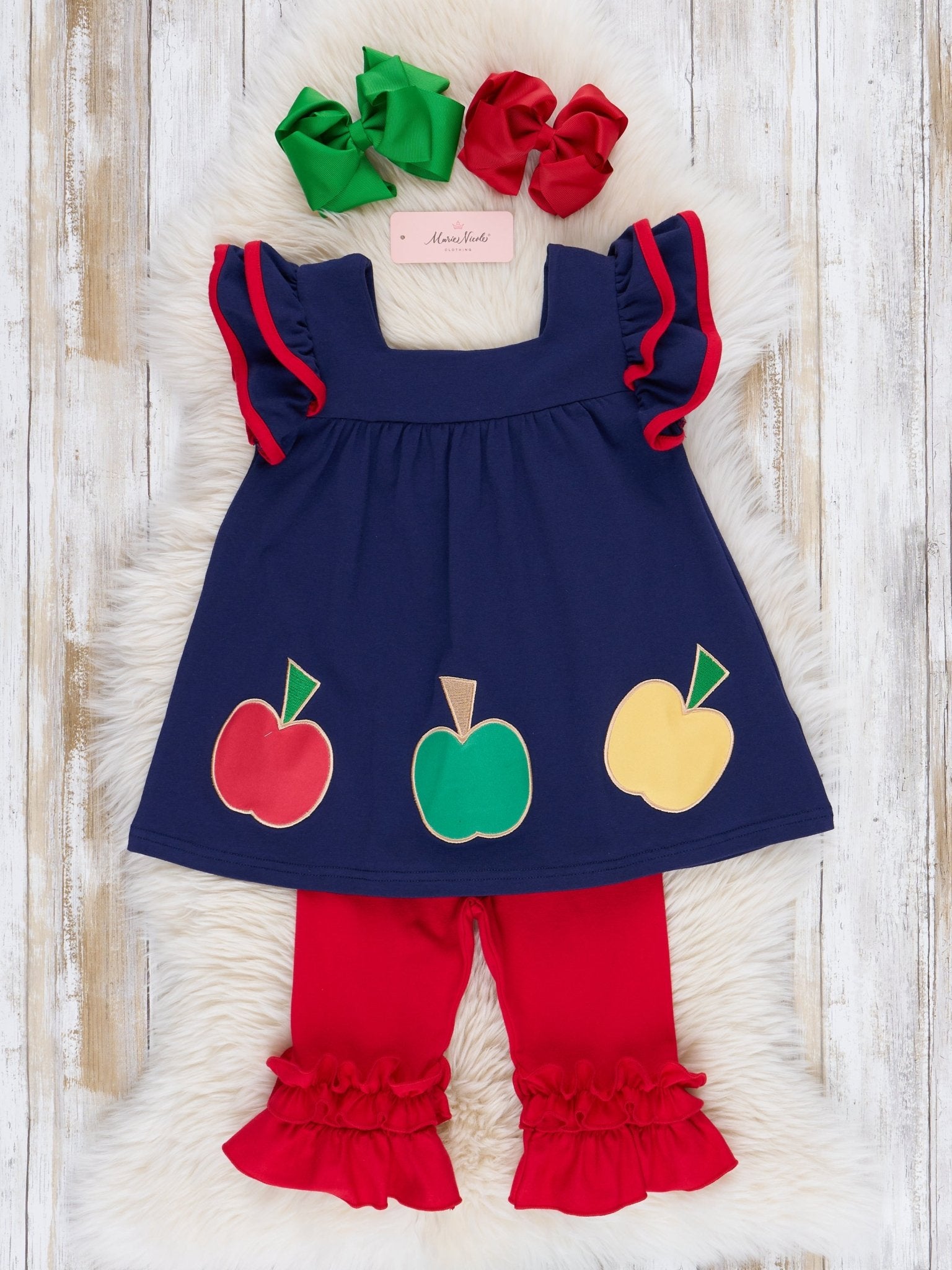 Navy & Red Apple Ruffle Outfit - Marie Nicole Clothing