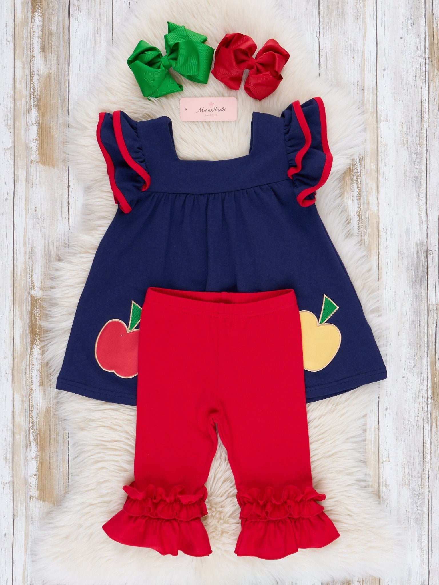 Navy & Red Apple Ruffle Outfit - Marie Nicole Clothing