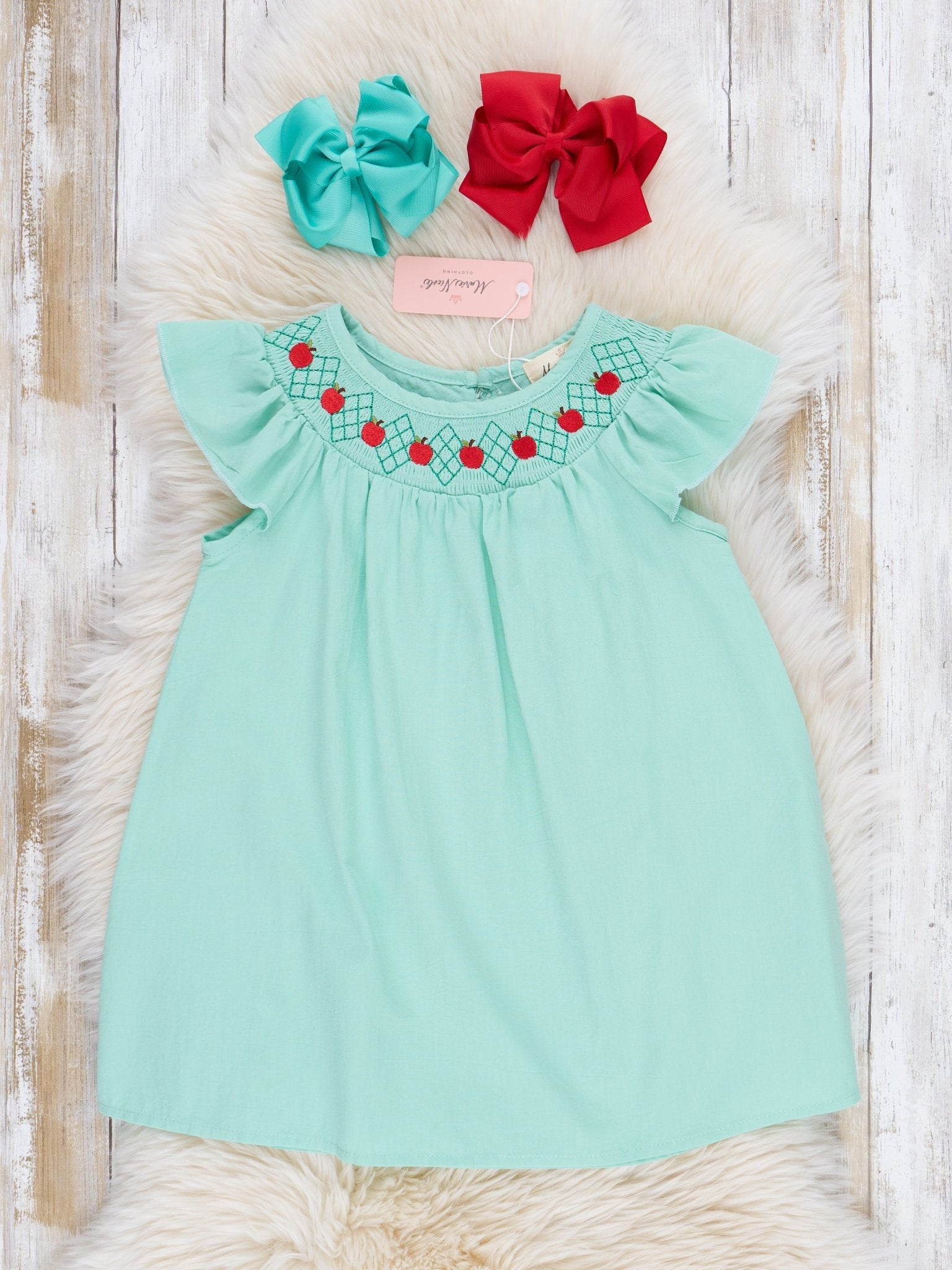 Turquoise Smocked Apples Dress - Marie Nicole Clothing