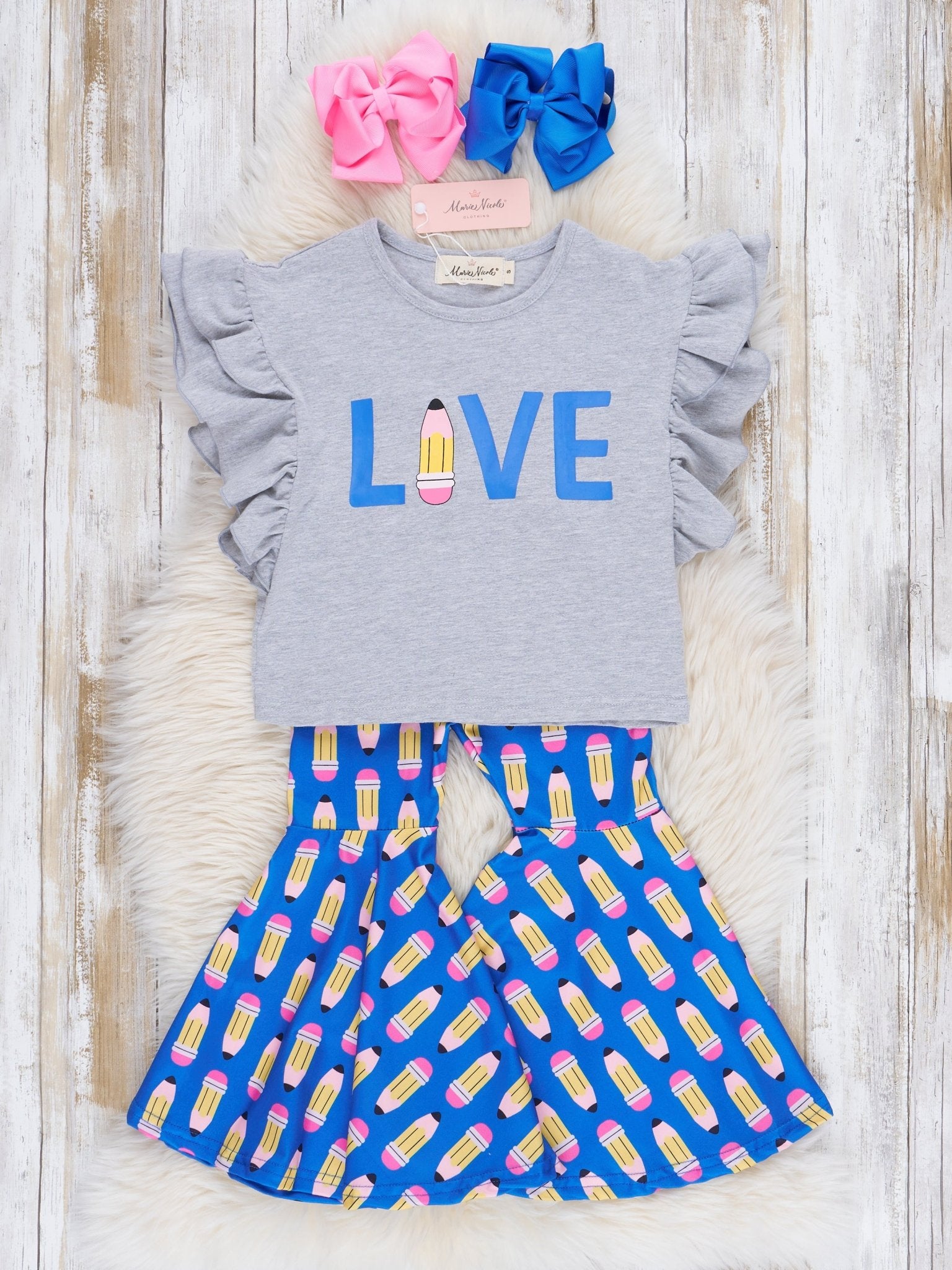 "LOVE" Pencil Ruffle Bell Bottom Outfit - Marie Nicole Clothing