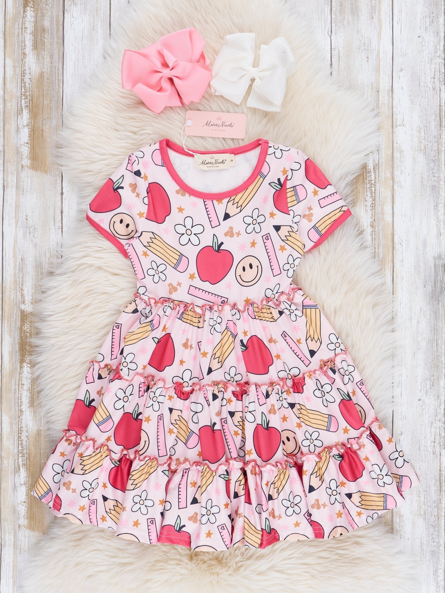 Pink Apples & Pencils Tiered Ruffle Dress - Marie Nicole Clothing