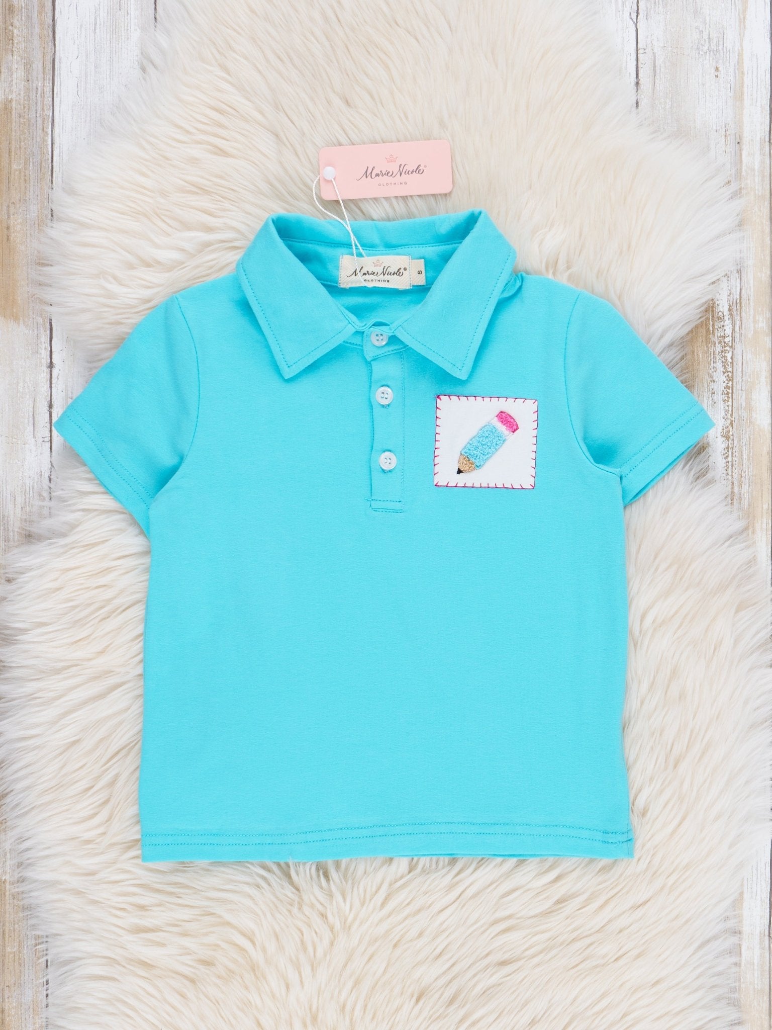 Turquoise Embroidered Pencil Polo Shirt - Marie Nicole Clothing
