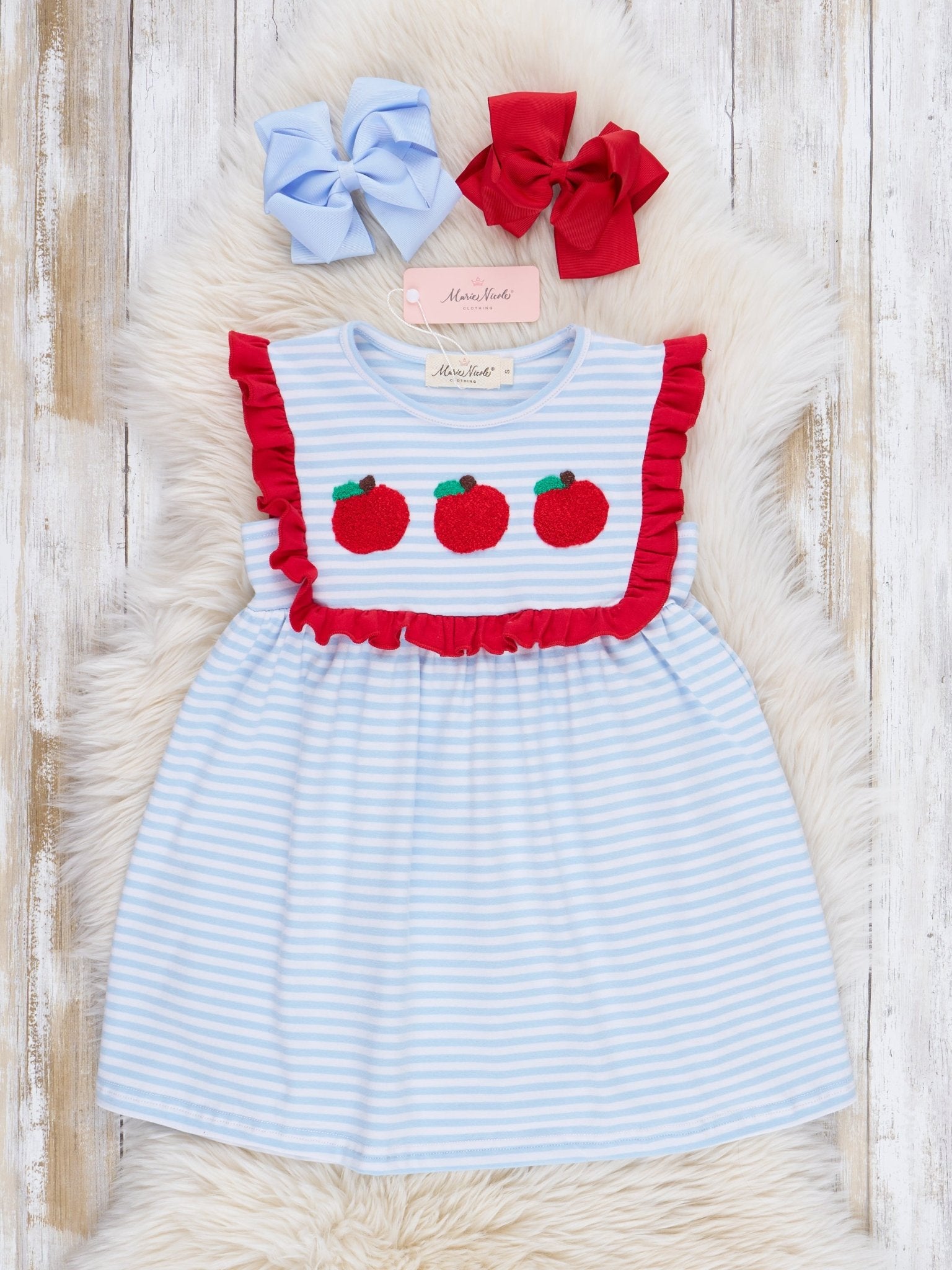Red Apples & Blue Stripes Ruffle Dress - Marie Nicole Clothing