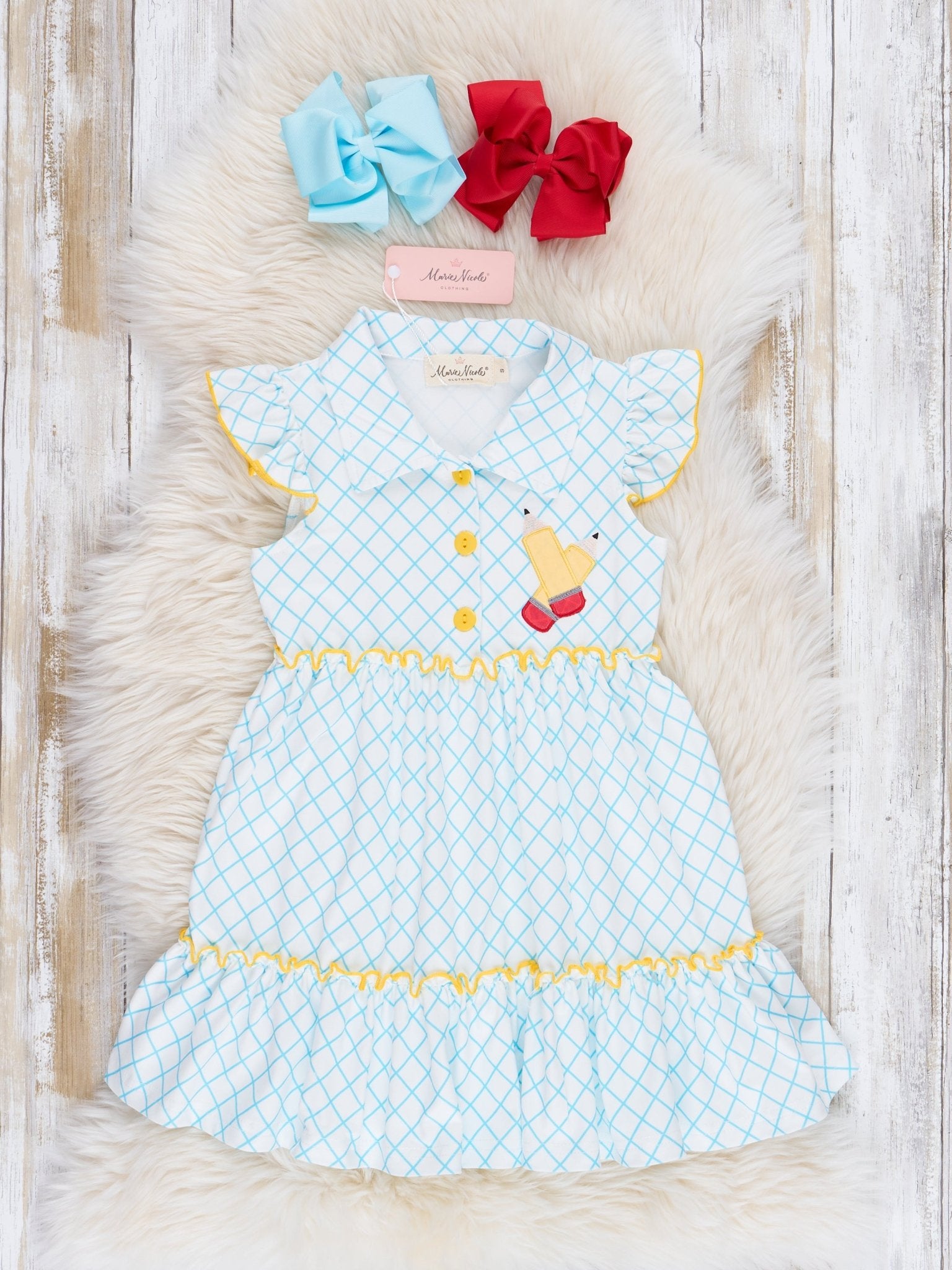 Turquoise & Yellow Plaid Pencils Ruffle Dress - Marie Nicole Clothing