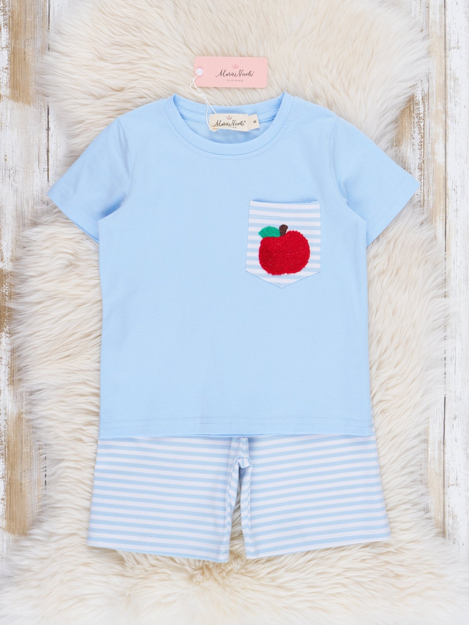 Red Apples & Blue Stripes Outfit - Marie Nicole Clothing
