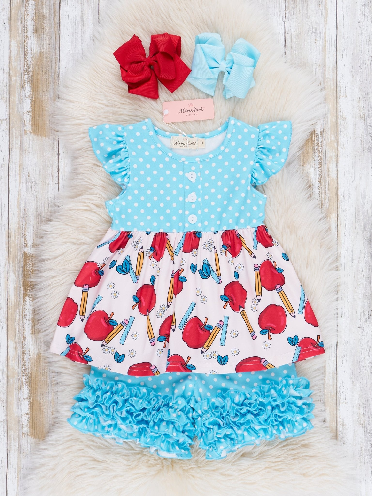 Teal Dots & Apples Ruffle Outfit - Marie Nicole Clothing