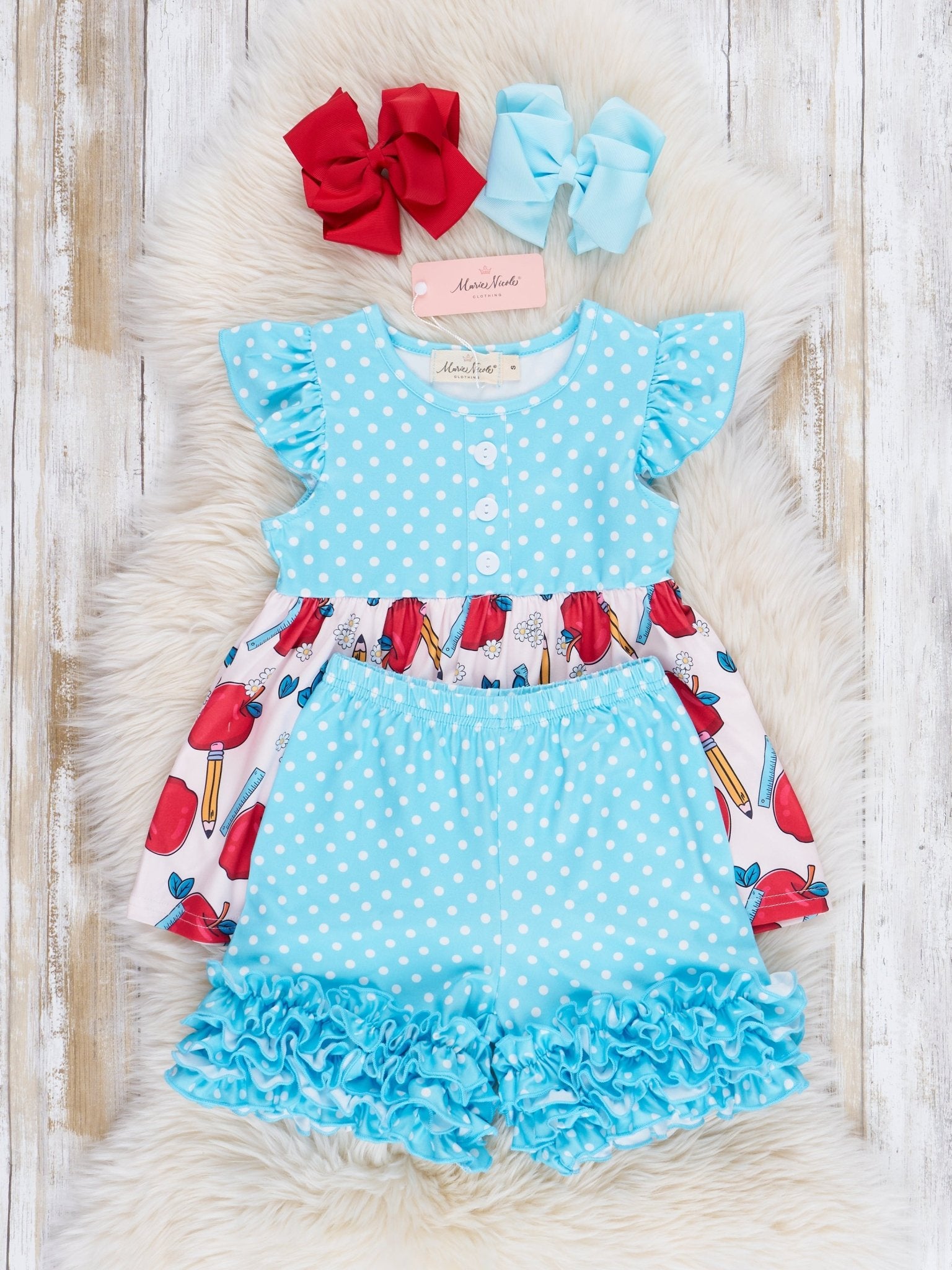 Teal Dots & Apples Ruffle Outfit - Marie Nicole Clothing