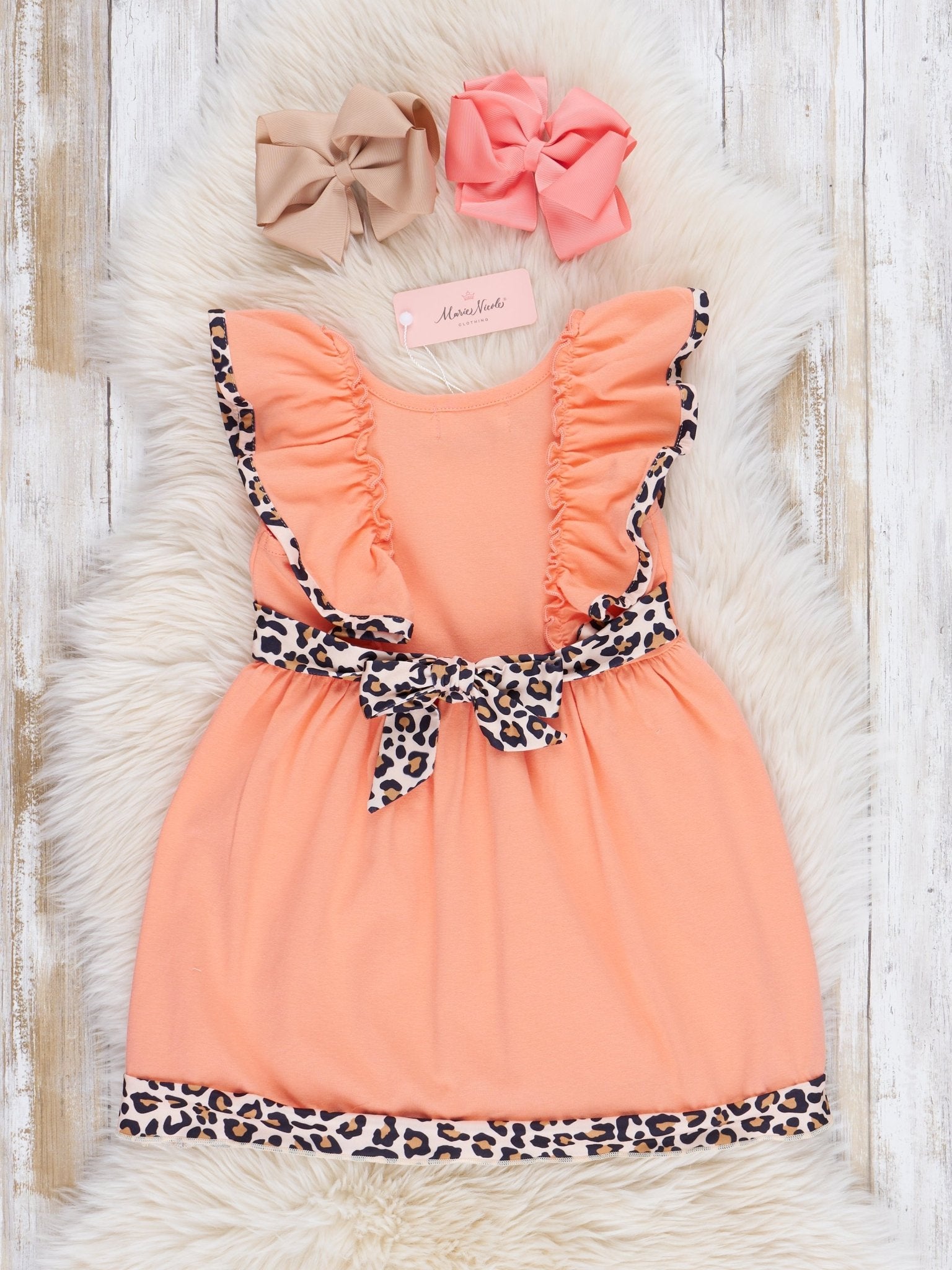 Peach & Leopard Pencil Ruffle Dress - Marie Nicole Clothing