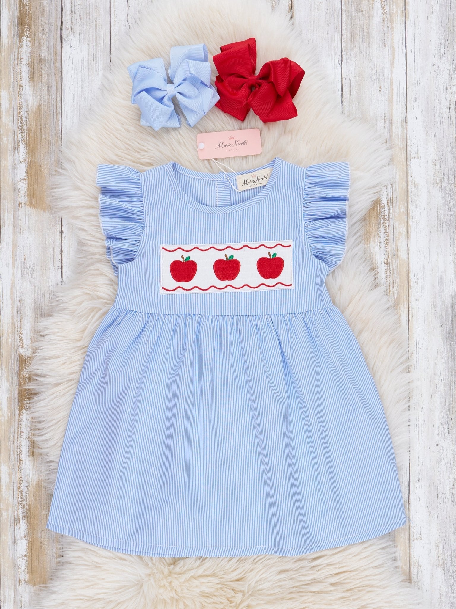 Blue Striped Smocked Apples Ruffle Dress - Marie Nicole Clothing