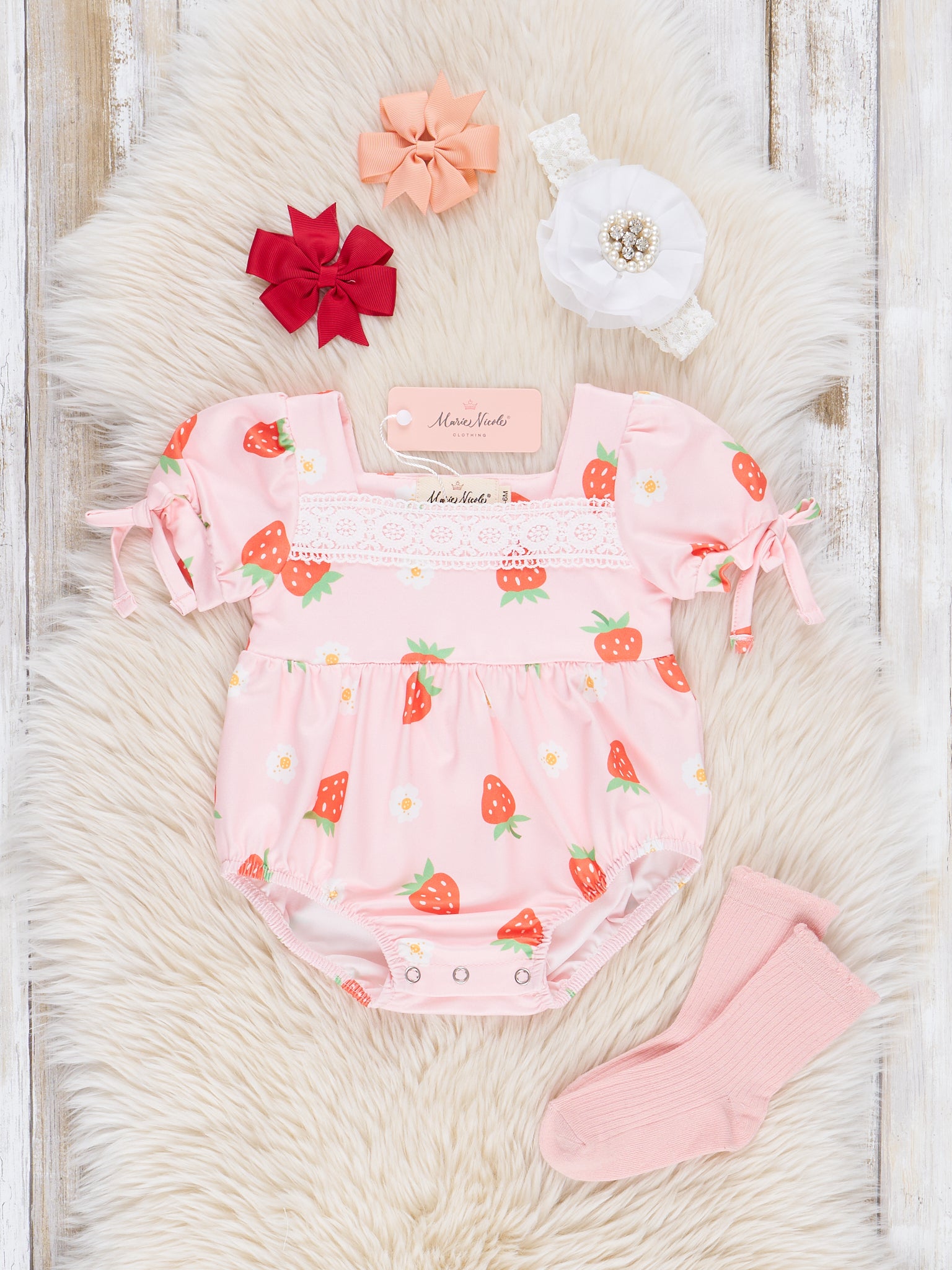Pink Strawberry Patch Lace Bubble Romper - Marie Nicole Clothing