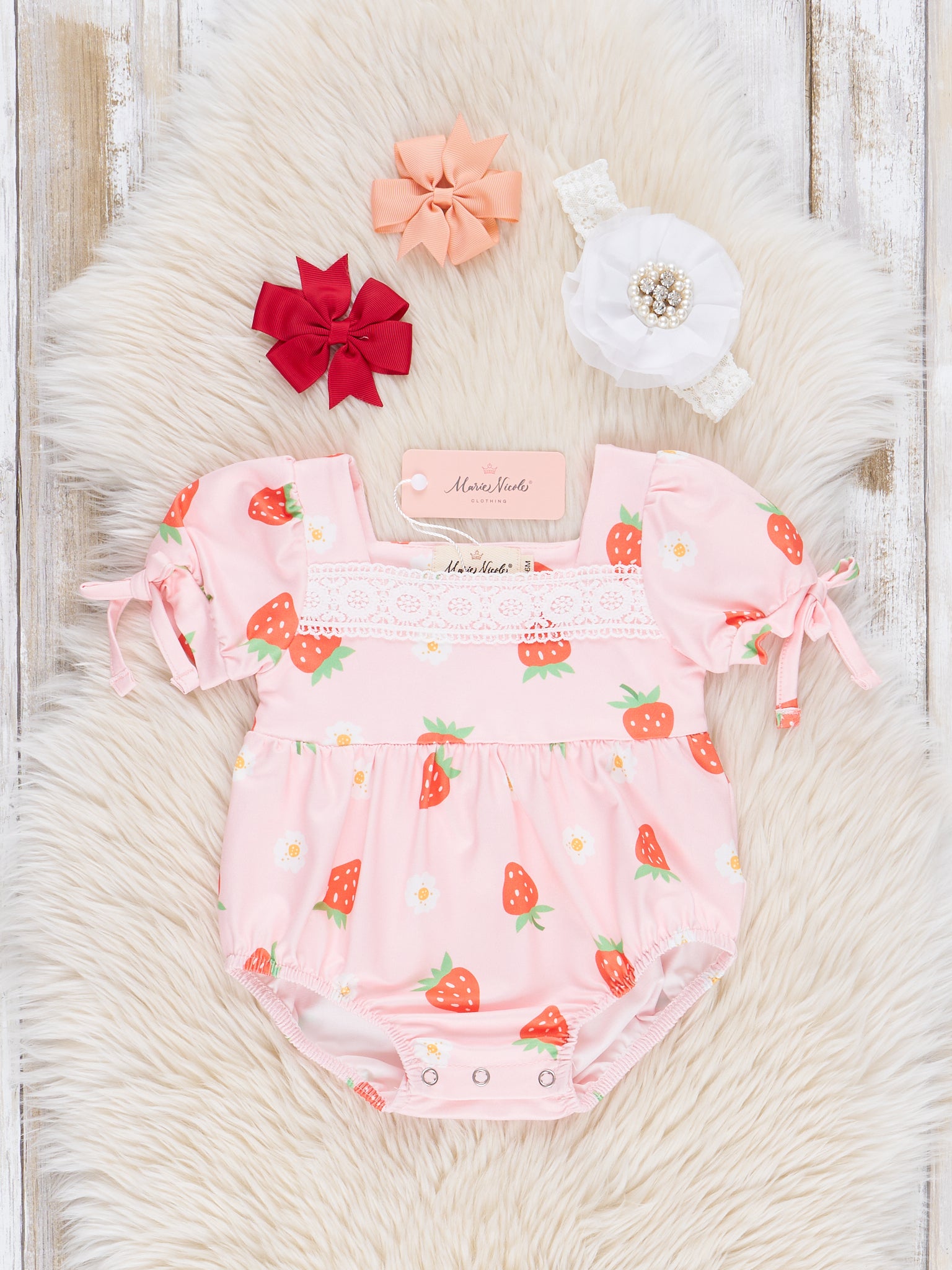 Pink Strawberry Patch Lace Bubble Romper - Marie Nicole Clothing