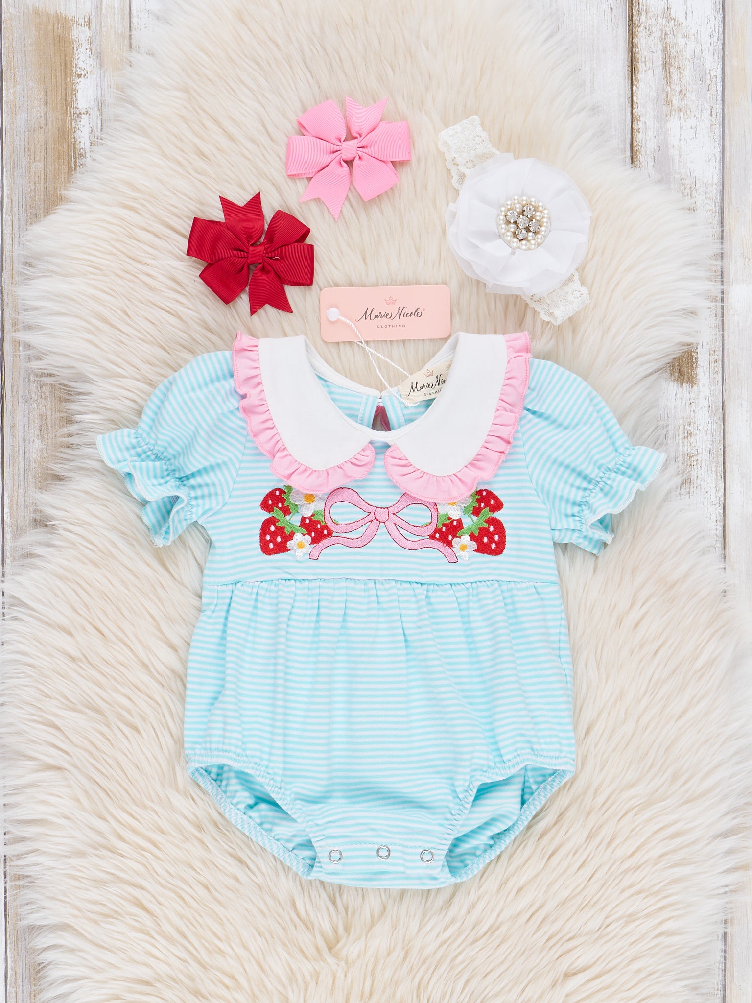 Embroidered Strawberry Bows Ruffle Bubble Romper - Marie Nicole Clothing