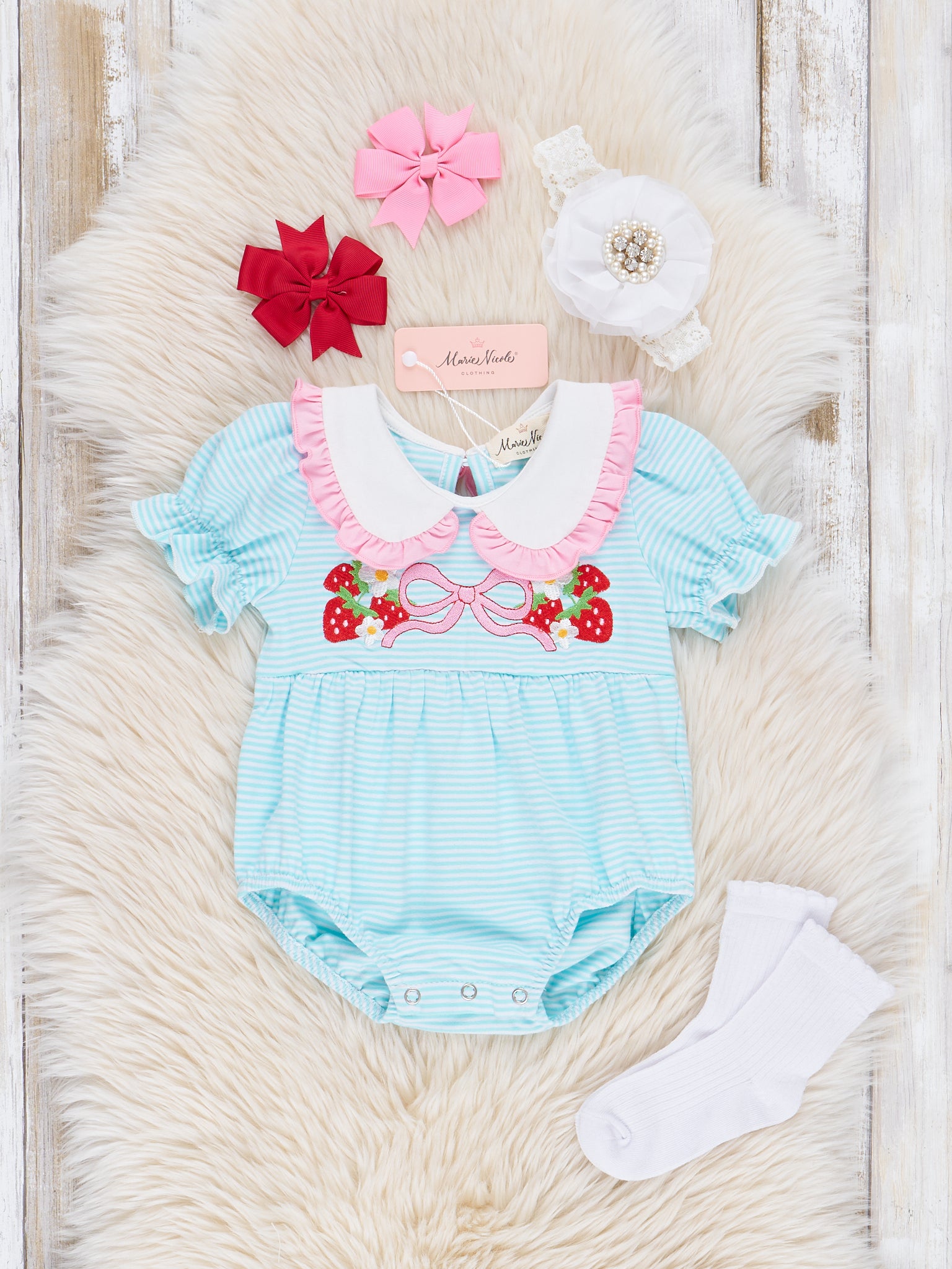 Embroidered Strawberry Bows Ruffle Bubble Romper - Marie Nicole Clothing