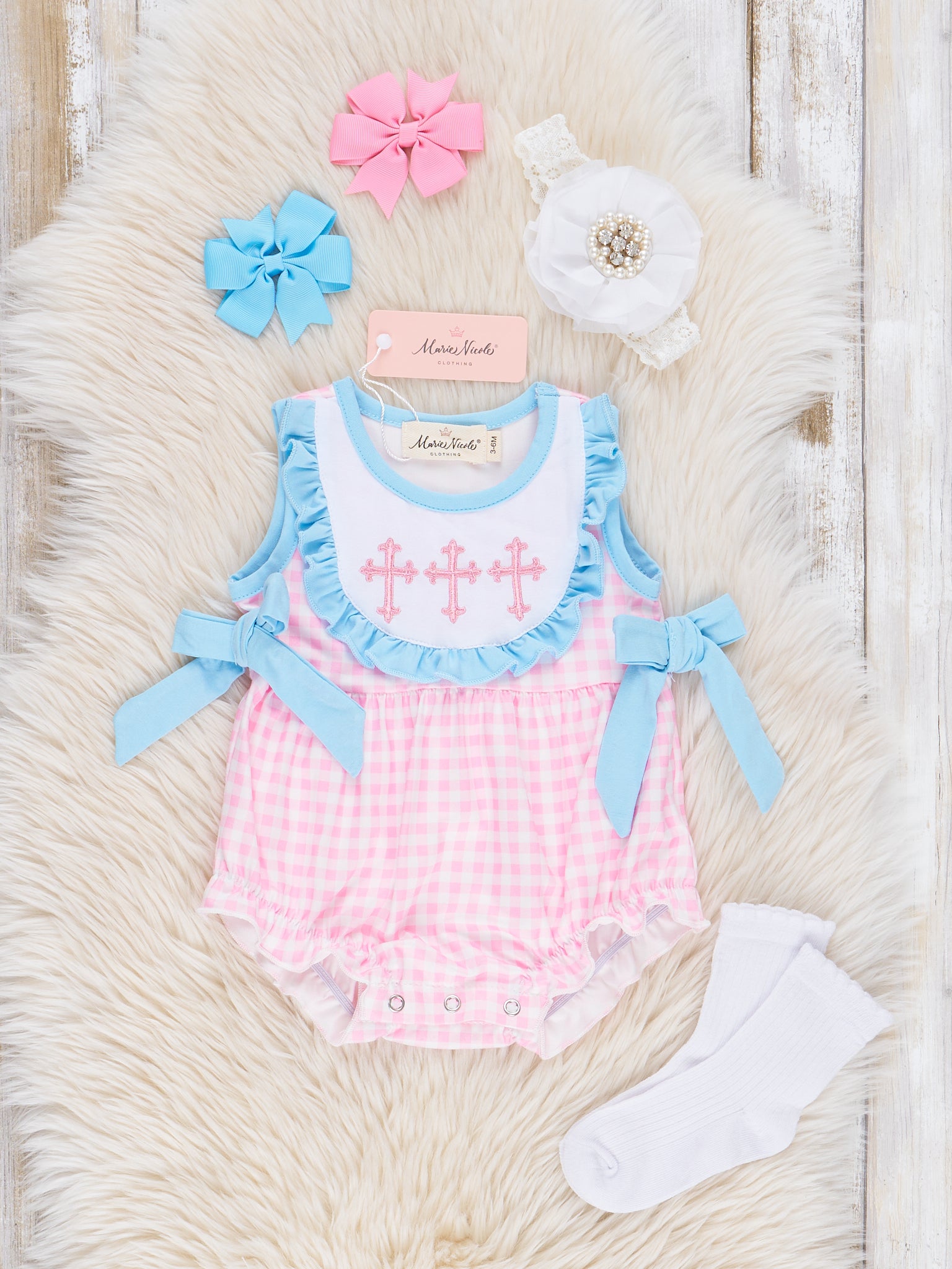 Blue & Pink Gingham Cross Ruffle Romper - Marie Nicole Clothing