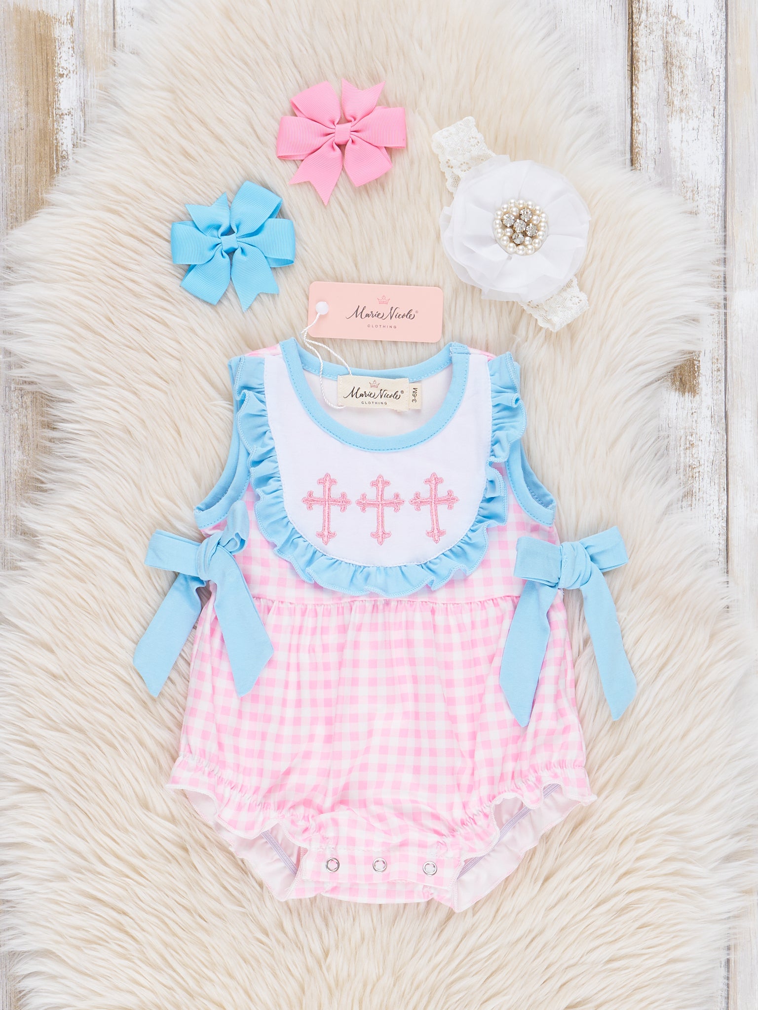 Blue & Pink Gingham Cross Ruffle Romper - Marie Nicole Clothing