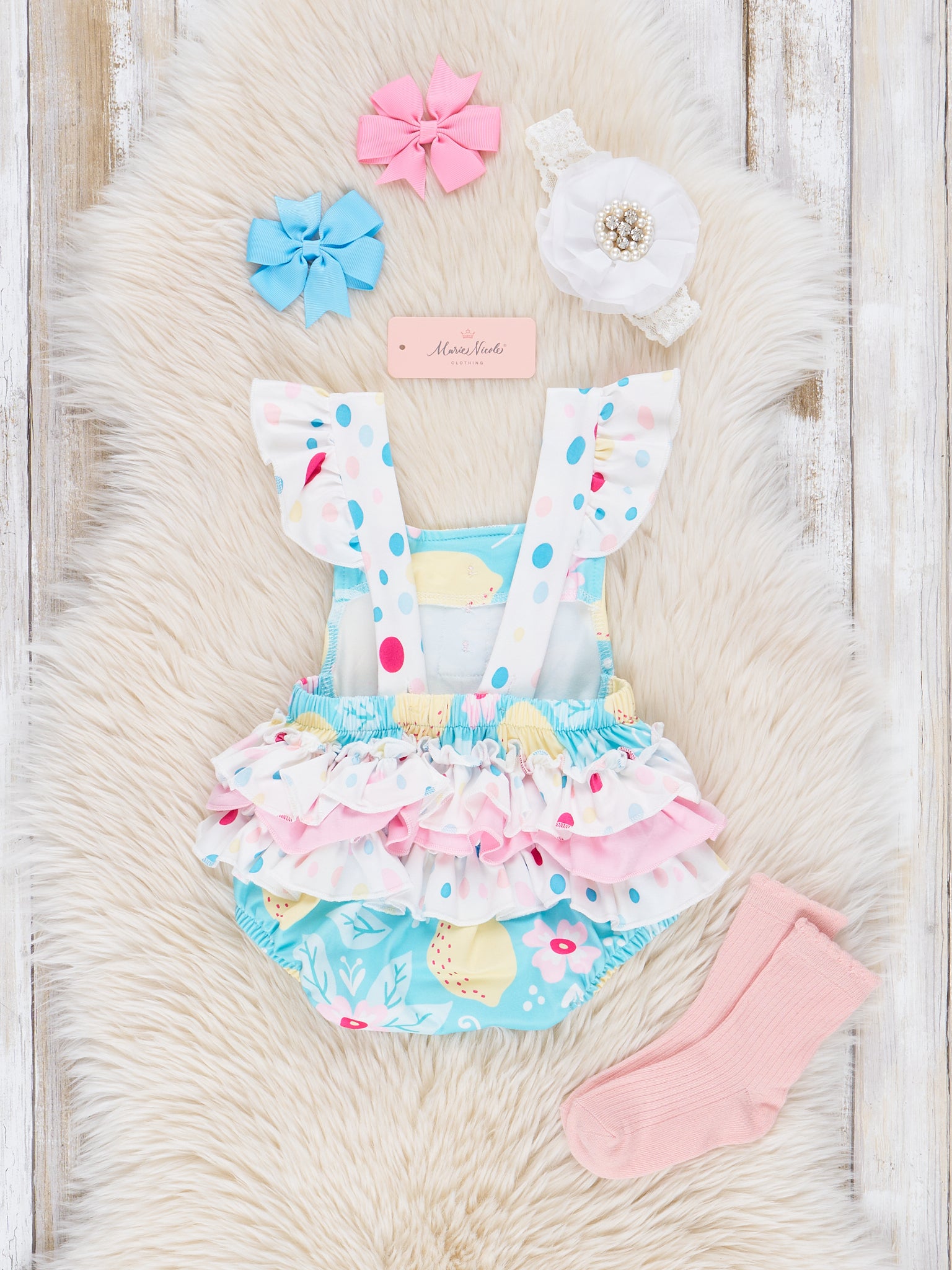 Teal Lemon Drops Ruffle Bubble Romper - Marie Nicole Clothing